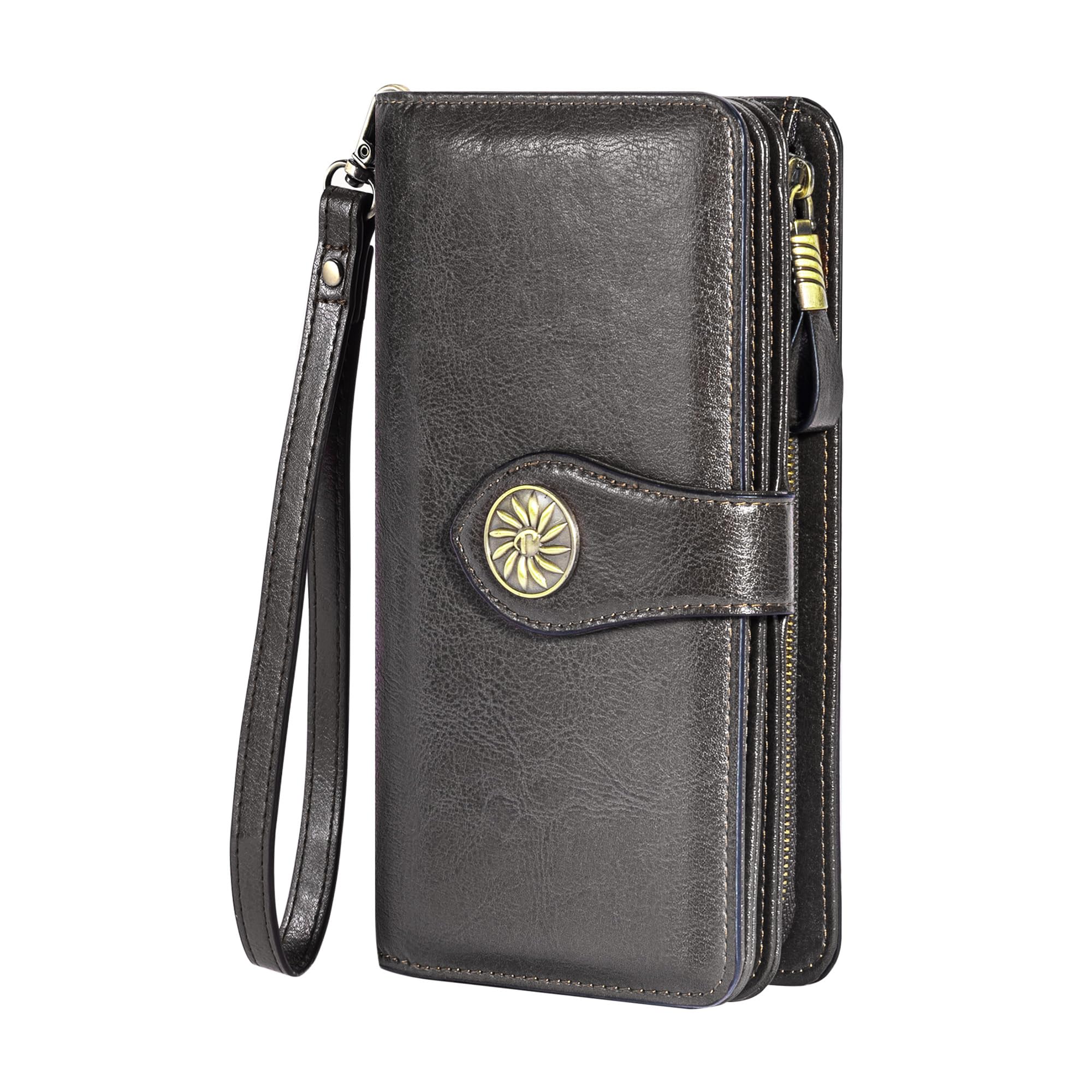 Travelambo Women's Wallet RFID Blocking Credit Card Holder Large Capacity Wristlet Leather Wallets Purse, Deep Grey, Retro