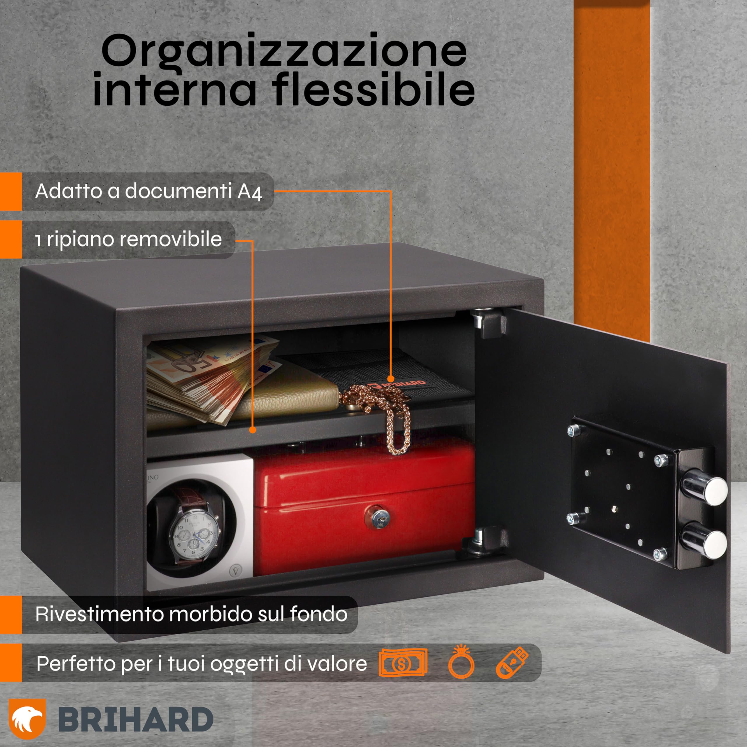 Family Cassaforte con Chiave e Borsa Ignifuga – Cassaforte da Armadio di Sicurezza da 20L (25x35x25 cm) con Ripiano Rimovibile – Ideale per Documenti A4, Gioielli, Contanti e Documenti
