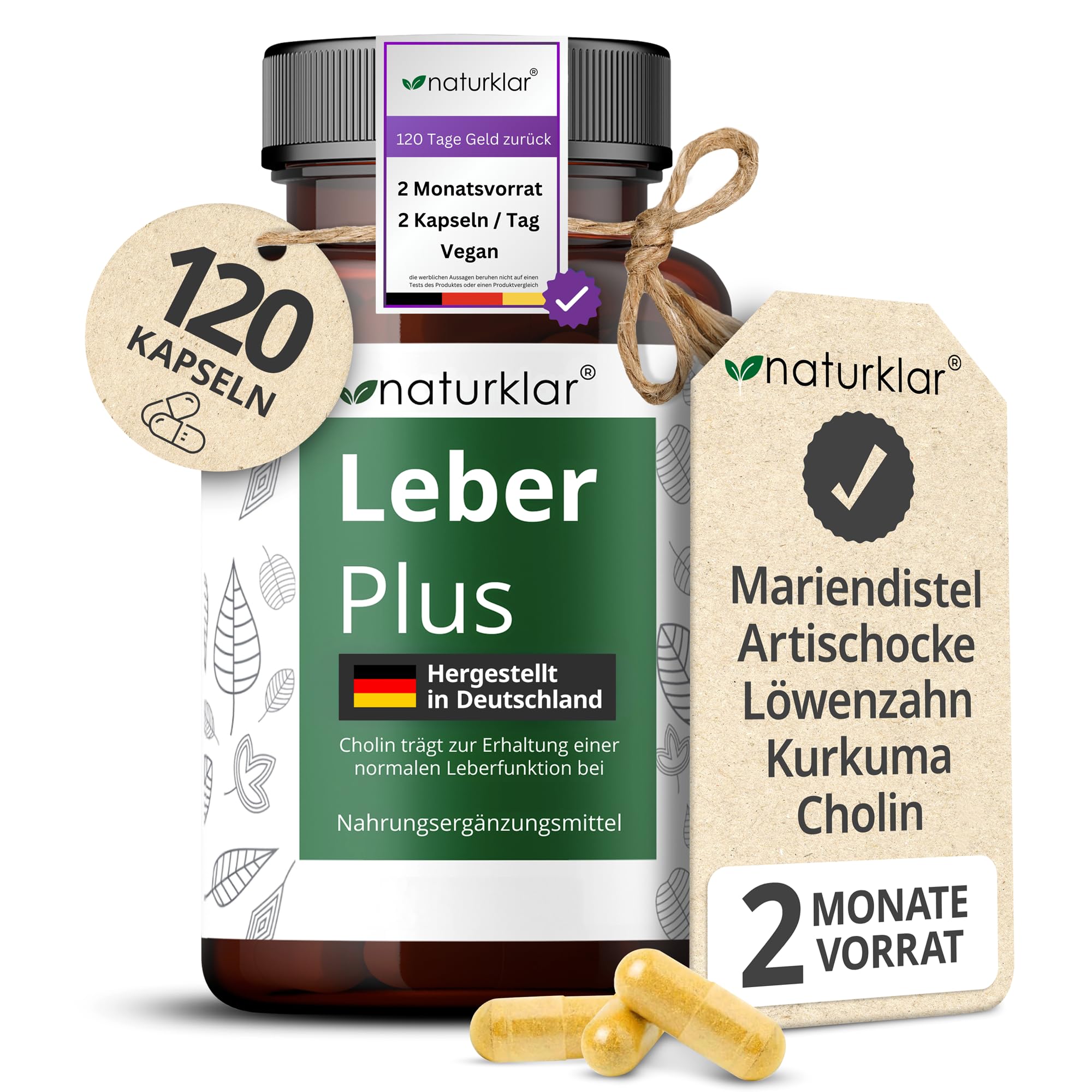 Leber Plus hochdosiert - 80% Silymarin, Mariendistel Kapseln mit Artischocke, Löwenzahn, Curcuma & Cholin - 120 Kapseln - Vegan - Milk thistle - Made in Germany