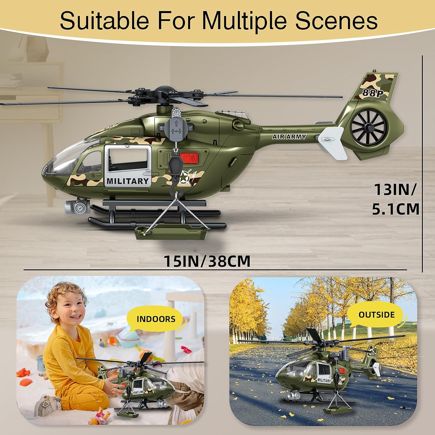 Large Military Helicopter Toy 15 Inch, Army Green Kids Helicopter with Crane & Hanging Tray, Toy Helicopter with Lights and Sounds, Helicopter Toys for Kids 3-5, Birthday Gift for Boys Age 3-7