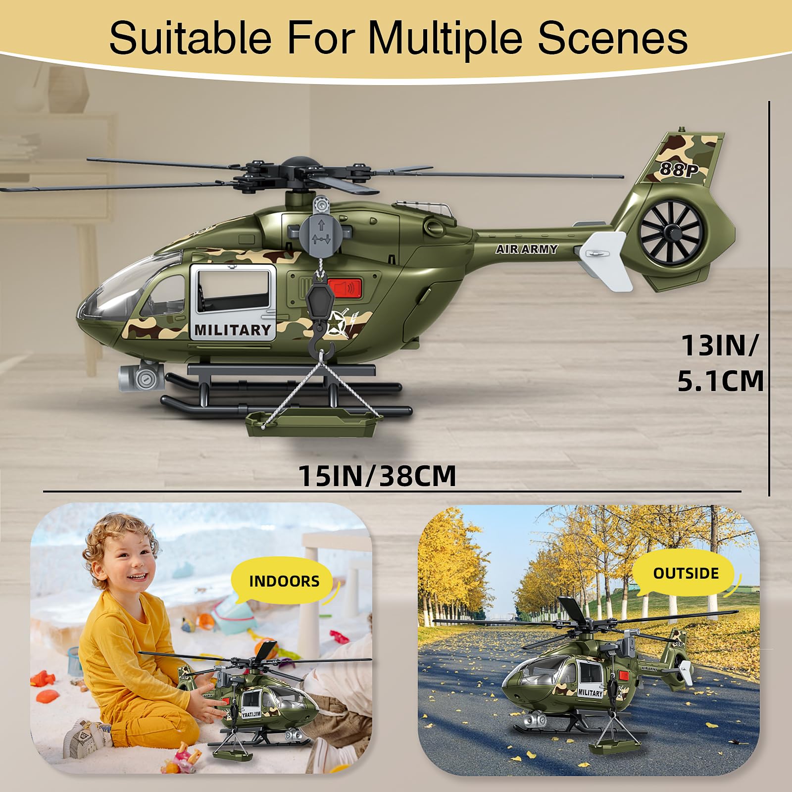 Grünes Militärspielzeug mit großem Hubschrauber, Lichtern und Geräuschen, Geschenk für 3-6 Jahre Jungen und Mädchen