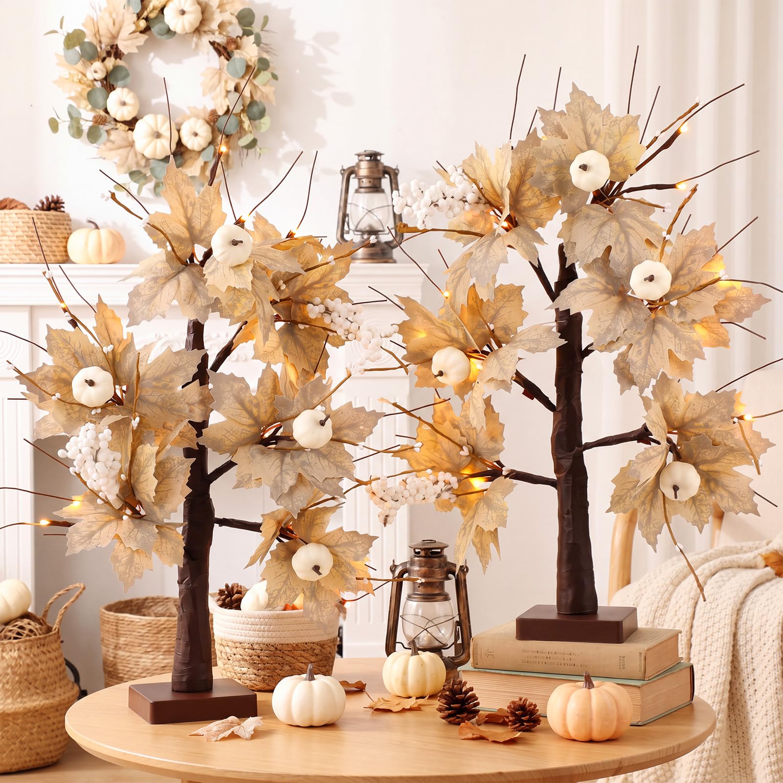 Baquler 2 alberi di betulla illuminati a LED autunnali da 61 cm, foglie di betulla bianche grigie illuminate con zucche autunnali, luce artificiale, pre-illuminate, da tavolo, decorazione per il