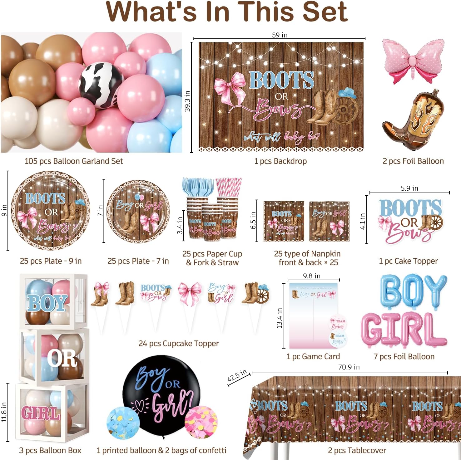 Cocomigo 299 Pcs Boots or Bows Gender Reveal Decorations, Complete Party Set Serves 25, Boots and Bows Gender Reveal Decorations with Plates, Tablecloths, Balloons, and Stickers