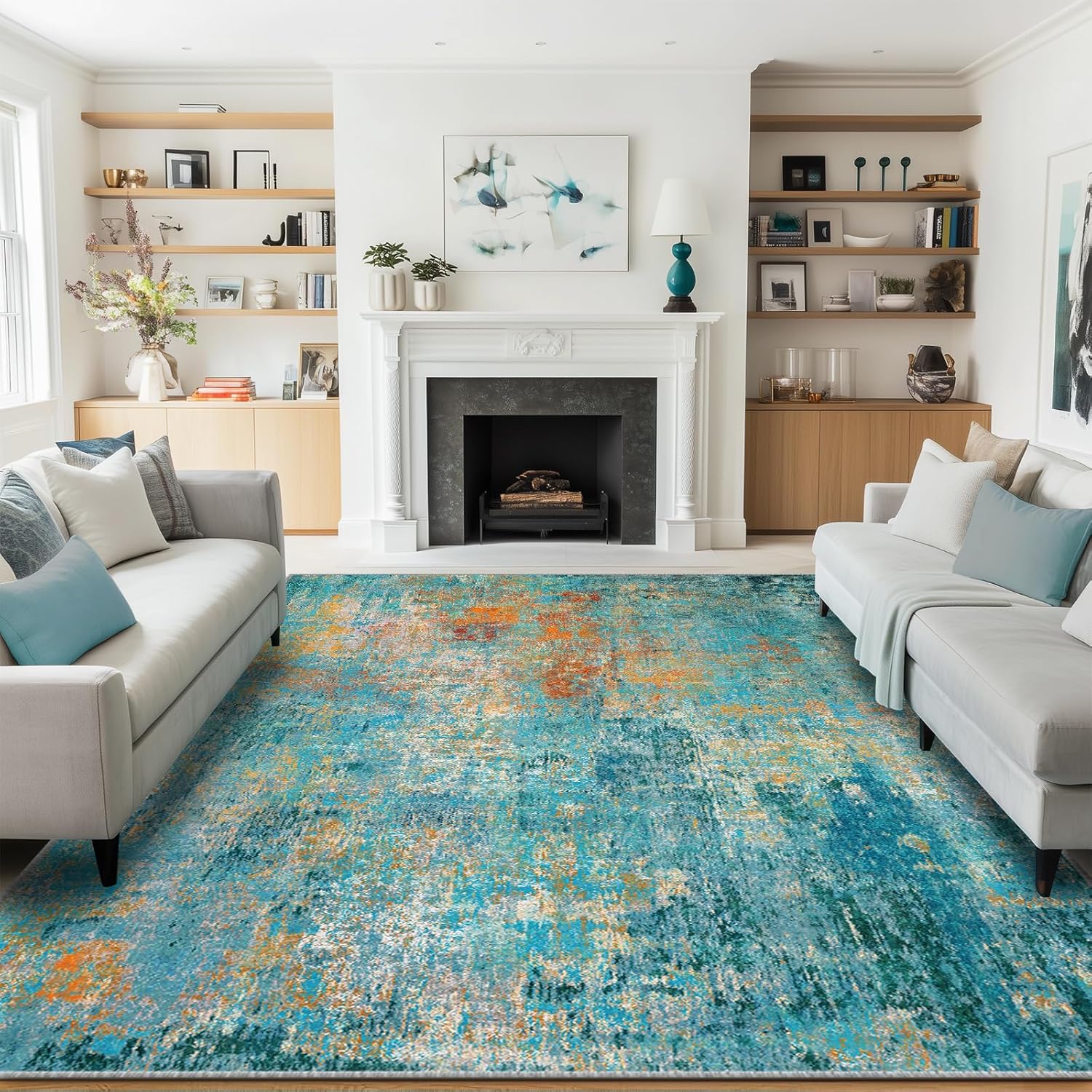 Washable Area Rugs 9'x12' Non-Slip Modern Abstract Soft for Living Room Entryway Bedroom Nursery, Print Pattern, Teal Blue Green Orange Rust Red Colorful Teal Blue/Green/Orange 9' x 12' (Rectangular)