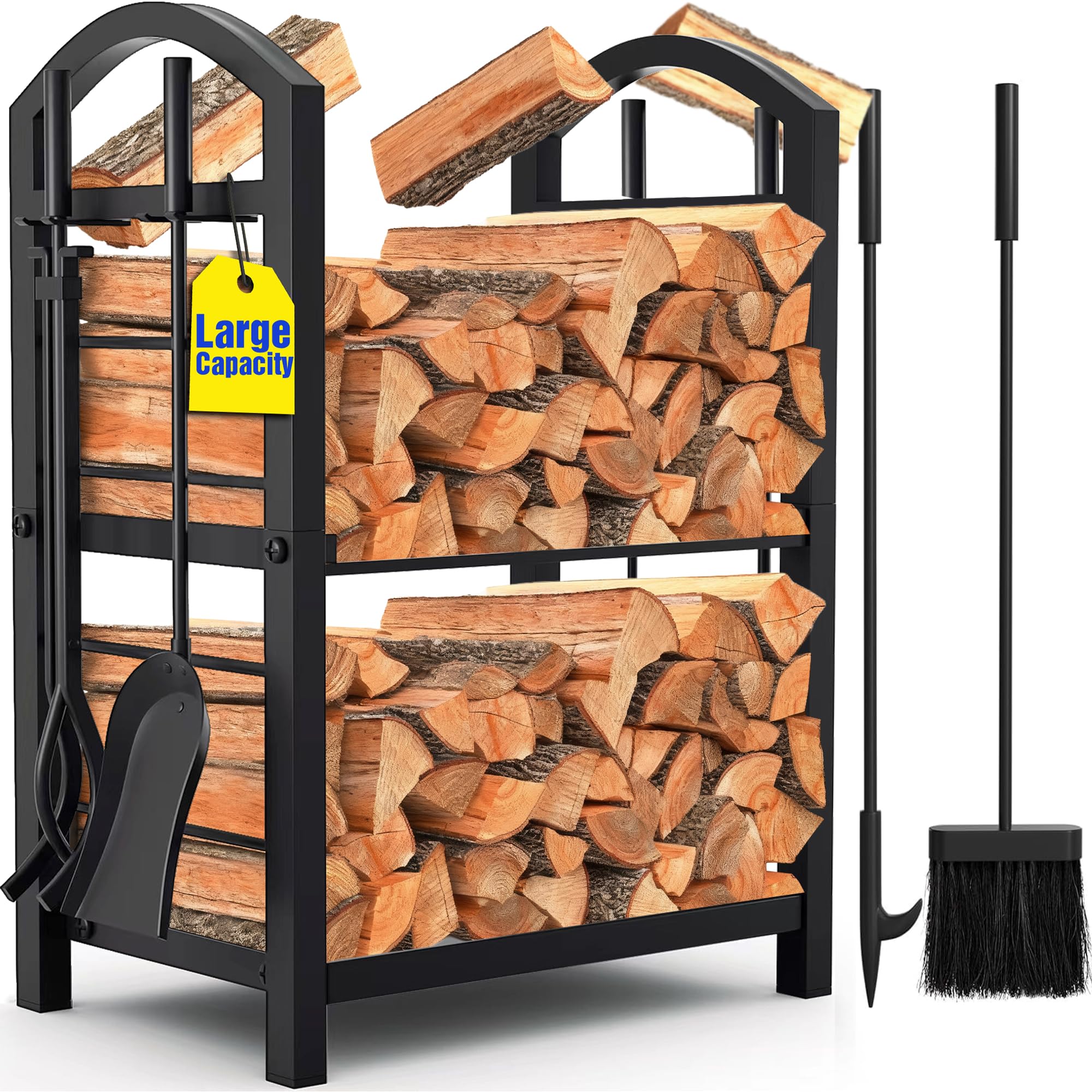 Fireplace Log Rack with 4 Tools Indoor Outdoor Fireside Firewood Holders Lumber Storage Stacking Black Wrought Iron Logs Bin Holder for Fireplace Tool set Brush Shovel Poker Tongs 15.8 x 29.1 x 11.8in