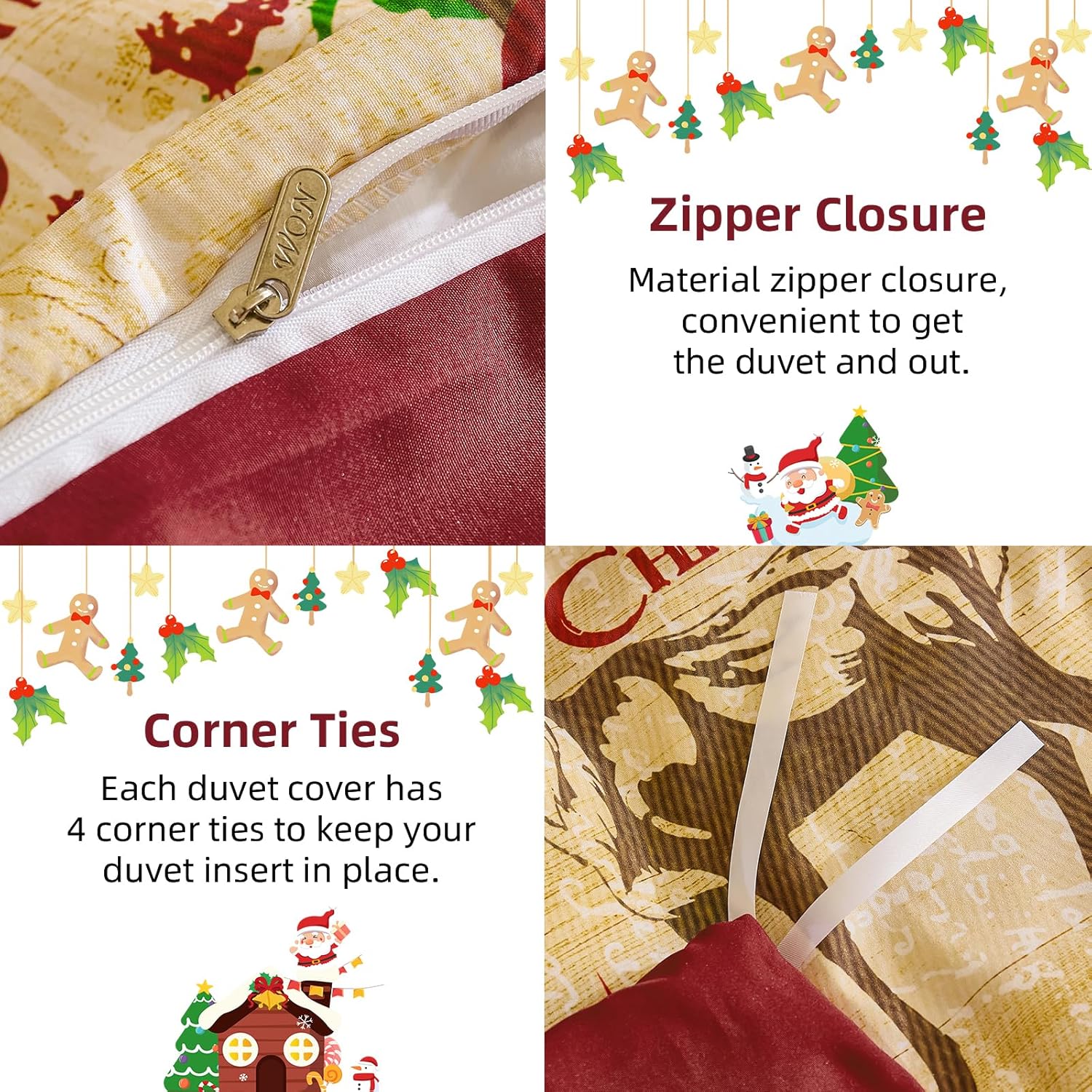 WONGS BEDDING Christmas Duvet Cover Set Queen,Merry Christmas Reindeer Sled Bell Pattern Decor Duvet Cover with Zipper Closure for New Year Holiday,3 Pieces Soft Bedding Set with 2 Pillowcases 90"x90"