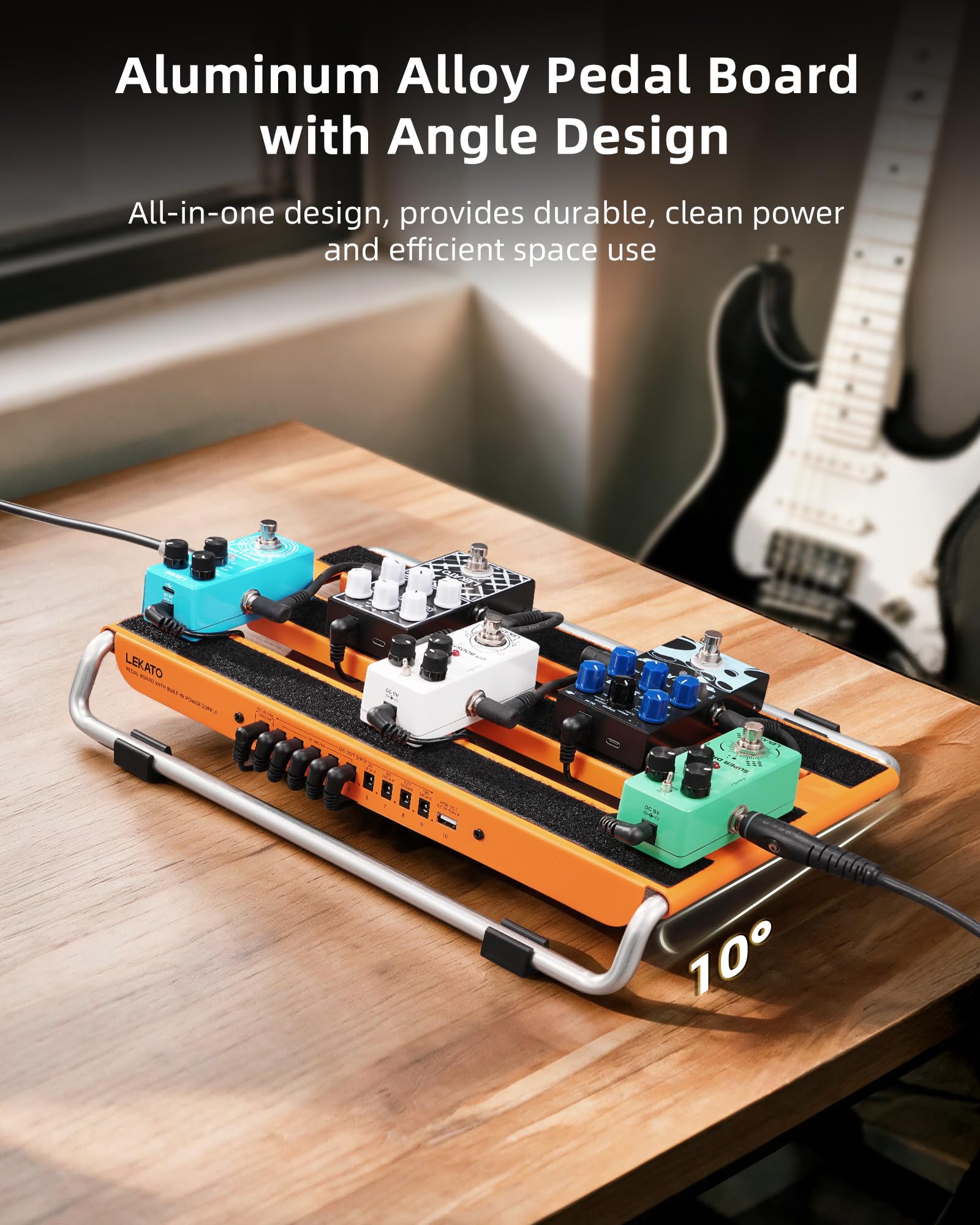 LEKATO Pedalboard Gitarre mit integriertem Netzteil, Aluminiumlegierung Effektboard 45 x 30 x 9cm, Pedalboard Set mit Tasche, Pedalkabeln und Klettstreifen
