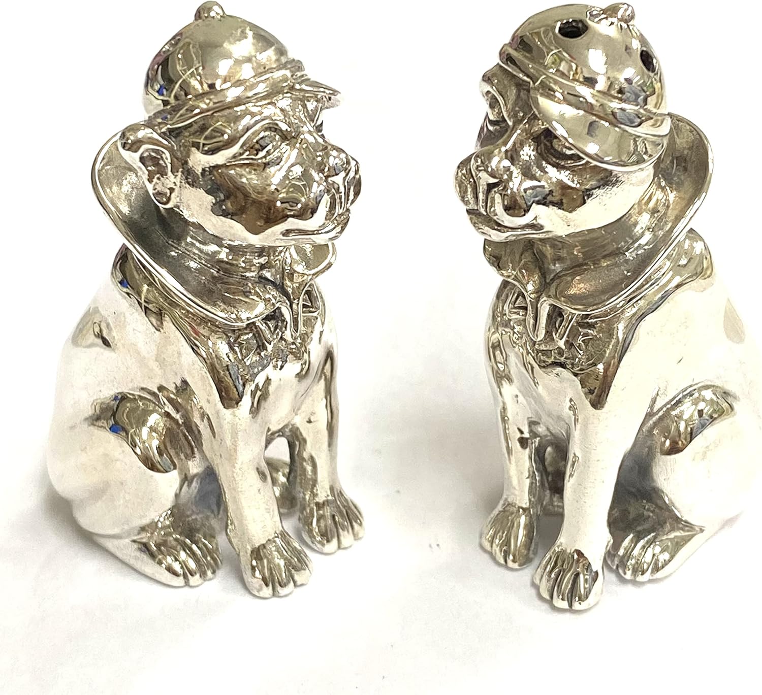 Novelty Sitting Dogs Wearing Hat Pair Salt and Pepper Shaker Pots 925 Sterling Silver