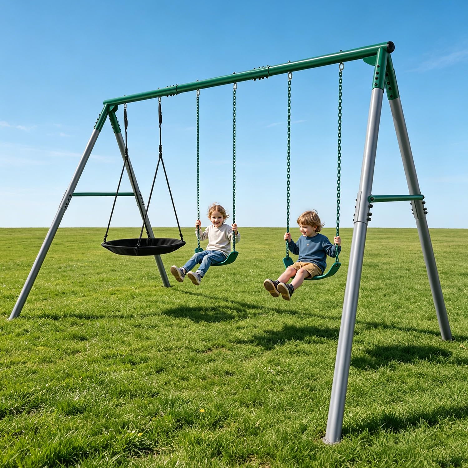 LeisureStar 700 lbs Swing Set Outdoor for Kids with Saucer Swing and Belt Swing, Metal Swingset with 3" Frame Stand and Adjustable Rope, Heavy Duty 8FT Sets for Backyard Playground, Ages 3+