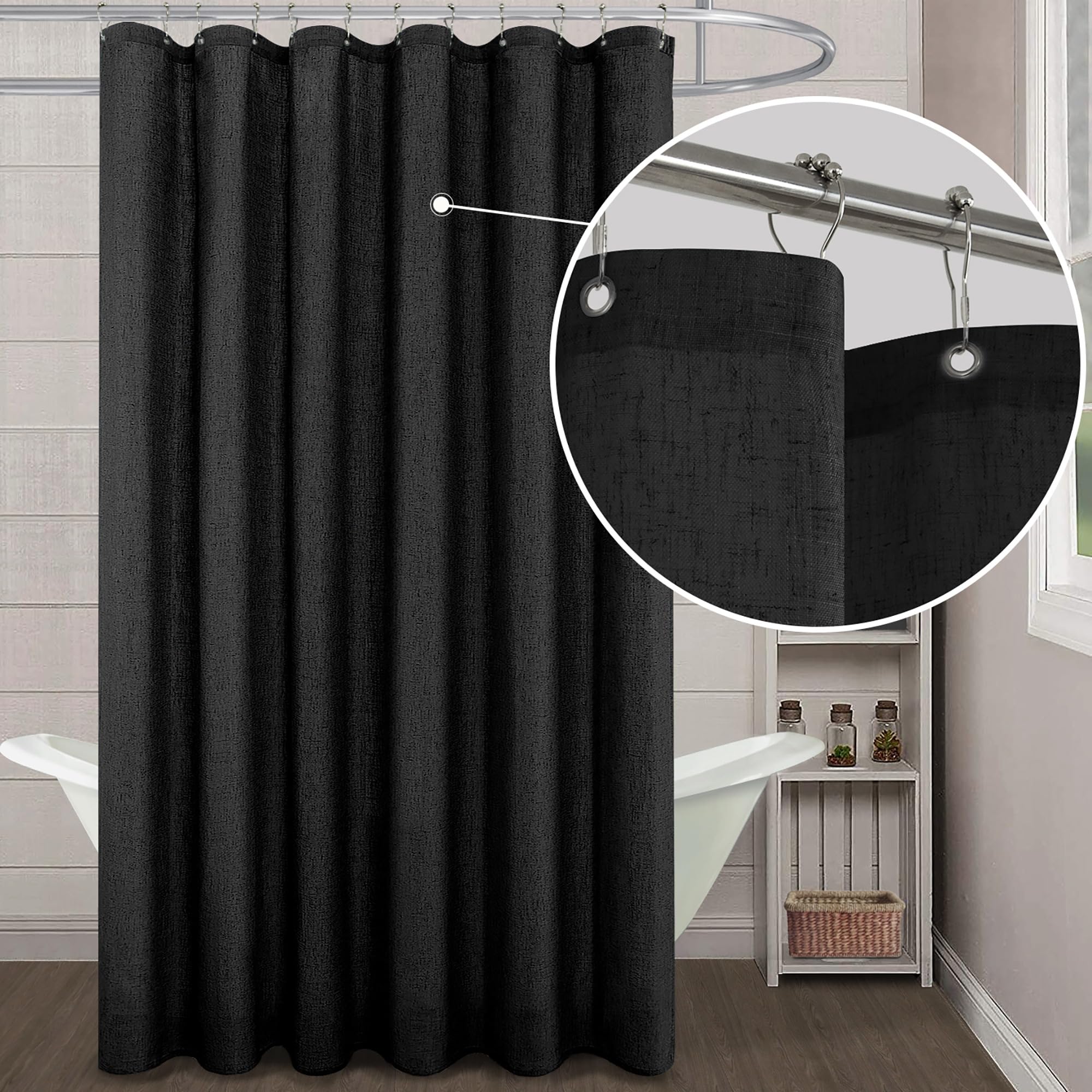 KOUFALL Black Shower Curtain,Waterproof Fabric Linen Black Shower Curtains for Bathroom Bath Decorations,Sets with Hooks,72 x 84 Inch Long