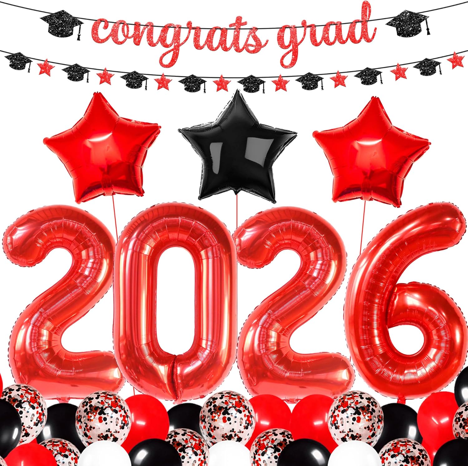 KatchOn, Red and Black Graduation Decorations 2026 - Pack Of 37 | Giant 40 Inch, 2026 Black balloons, Congrats Grad Banner for Graduation Decorations Class of 2026 | 2026 Graduation Party Decorations