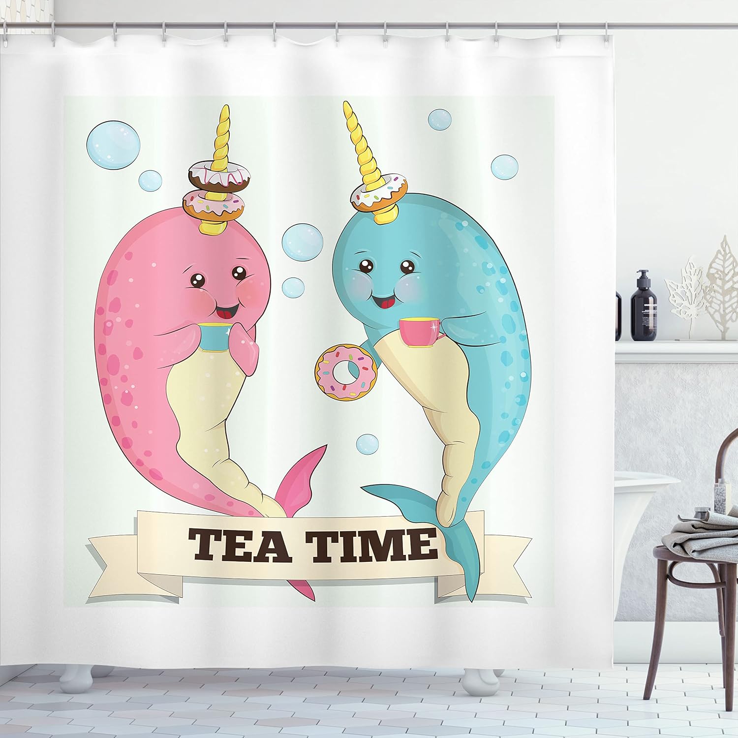 Ambesonne Narwhal Shower Curtain, Tea Drinking Whales Ocean Unicorn with Abstract Bubbles Backdrop, Cloth Fabric Bathroom Decor Set with Hooks, 69" W x 70" L, Pale Pink Pale Blue