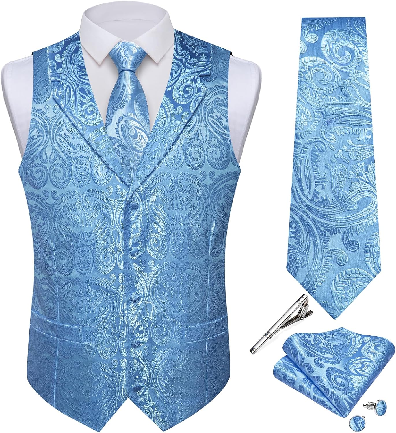 DiBanGu Mens Vest and Tie Set 5PCS Silk Paisley Dress Vest Suit Casual Formal Waistcoat for Tuxedo Wedding Party