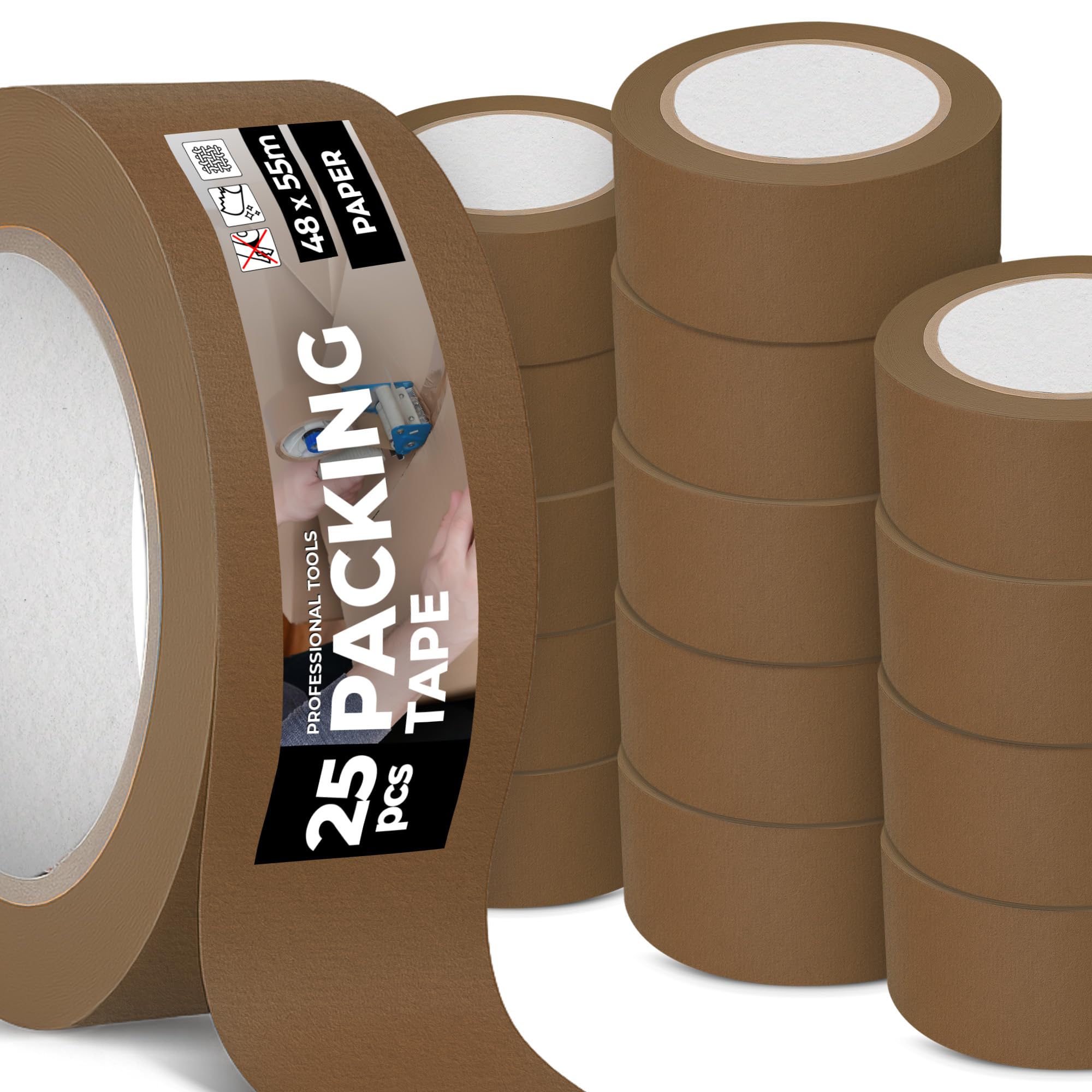 Instalguru 25x Nastro Adesivo Carta Kraft 48 mm x 40 m Marrone Ecologico Riciclabile Con Colla In Gomma Naturale Per Imballaggi Scatole Spedizioni Ufficio Magazzino