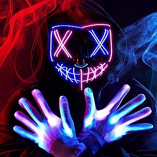 Spooktacular Creations Halloween Led Light Up Scary Mask and Gloves for Halloween Cosplay Costume (Pink & Blue), 3 Modes Glow in The Dark Mask for Adult Men Women Teen, Party Dress Up Accessory Gifts