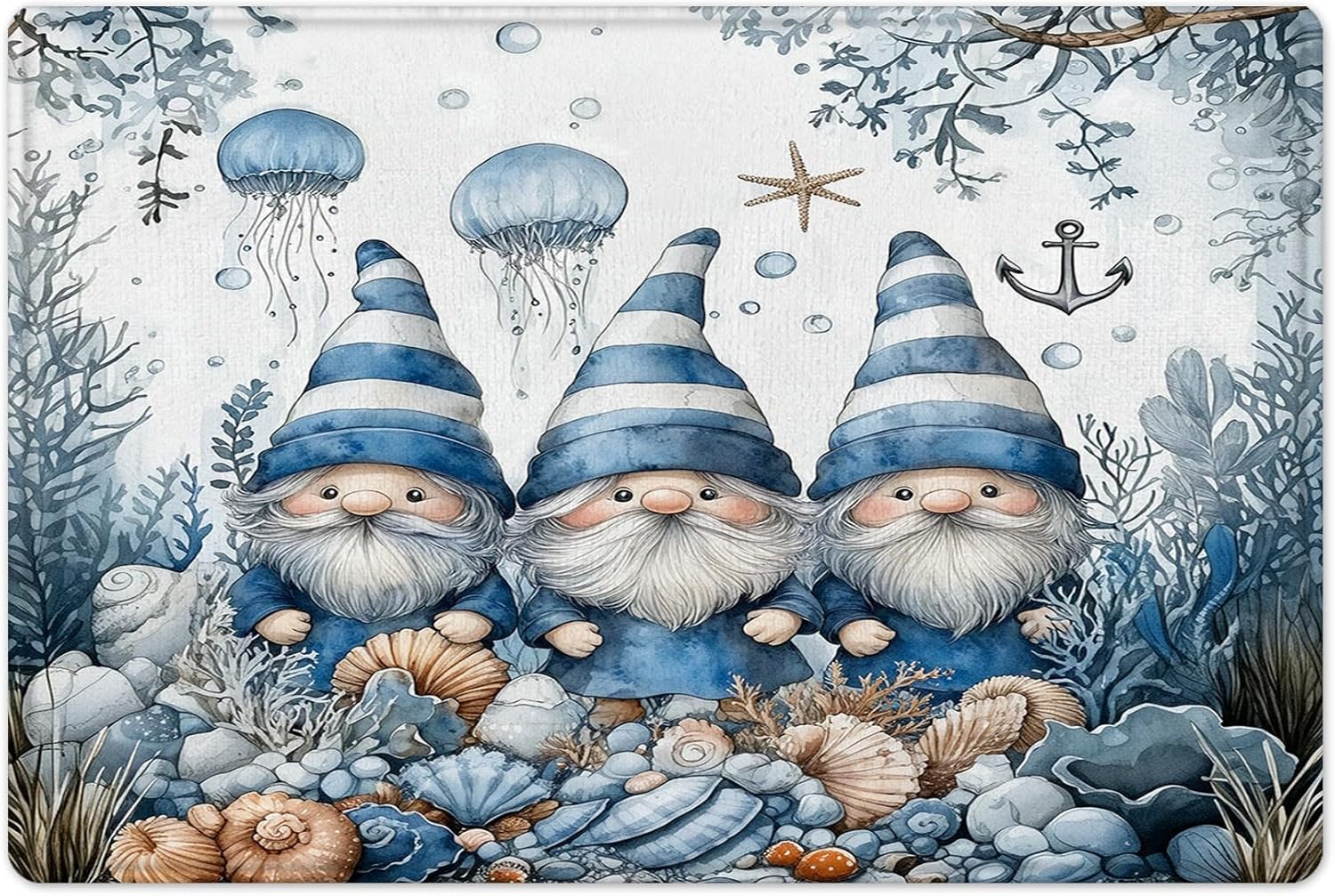 EOBTAIN Blue Nautical Shower Curtain Set Cute Gnome and Jellyfish Seashell Coral Underwater Bathroom Curtains Shower Set Ocean Theme 72x72 Washable Fabric Bath Curtain with 24x16 Bathroom Rugs Decor