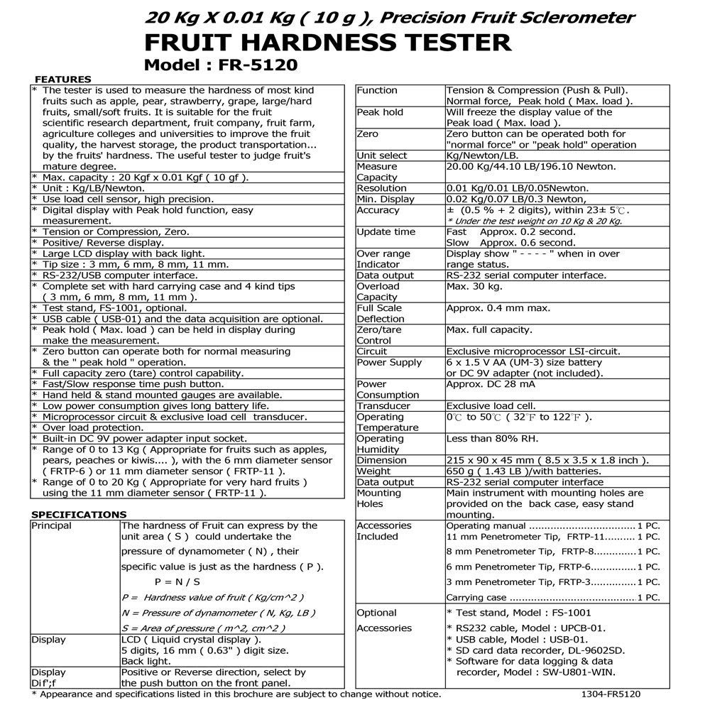 Fruit Durometer | Fruit Sclerometer | Fruit Maturity Tester | Fruit Durometer | Penetrometro de frutas |Fruit Firmness Tester with High Accuracy Model: FR-5120
