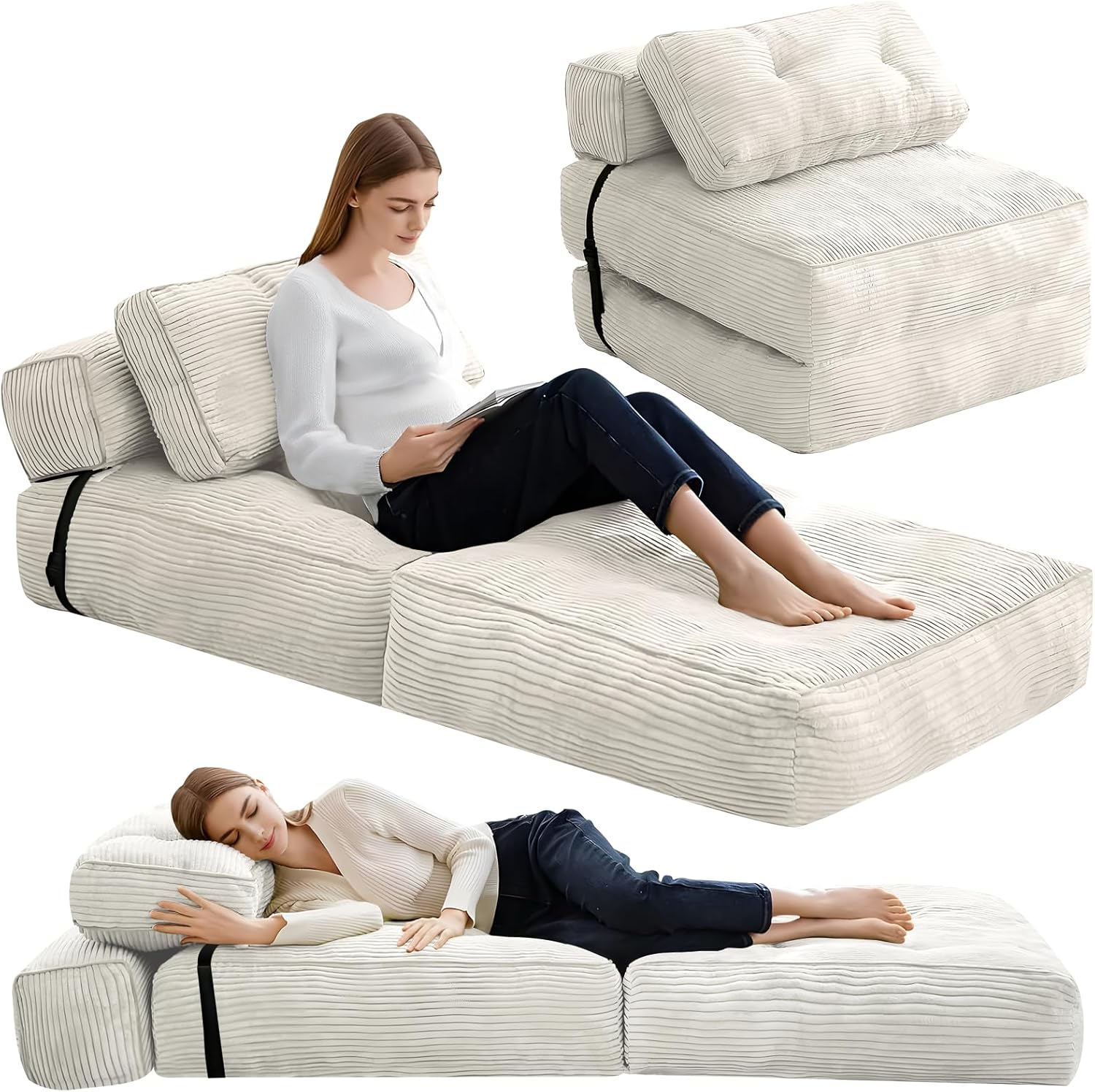 MIERES Foldable Sofa Bed, Foldable Couch Futon Mattress with Ergonomic Support, Floor Sofa Lounge with Pillow and Back Support, Convertible Sleeper Couch for Small Space, Living Room (Black)