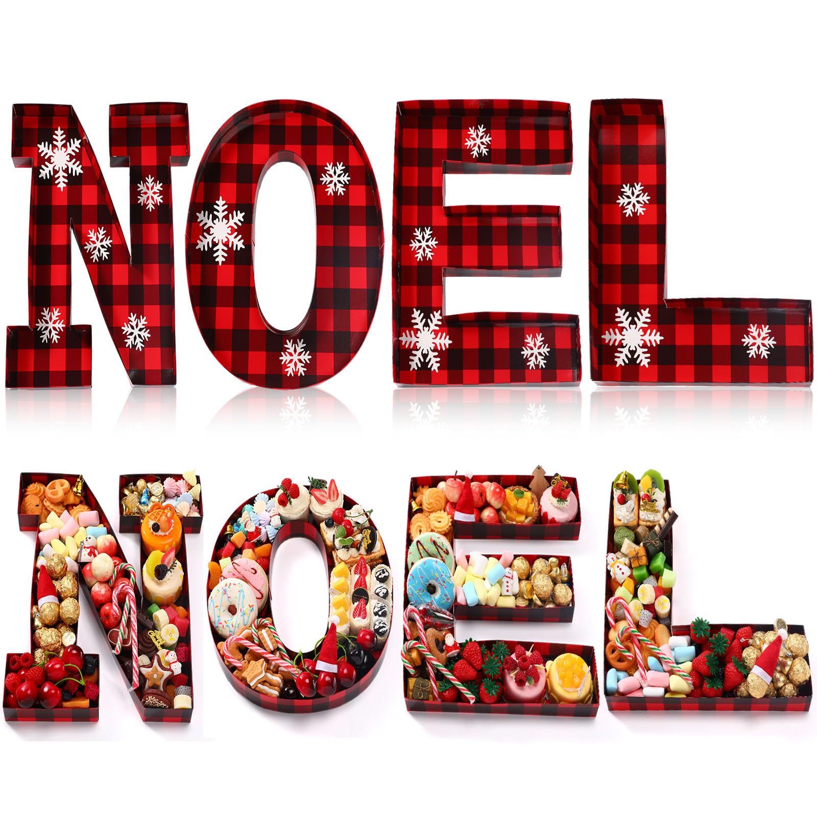 Tellingyou 4 Pcs 13.7''H NOEL Christmas Charcuterie Letters Fillable Cardboard Box Christmas Plaid with Snowflake Stickers Decoration Mache Candy Container for Xmas New Year Themed Decoration Supplies