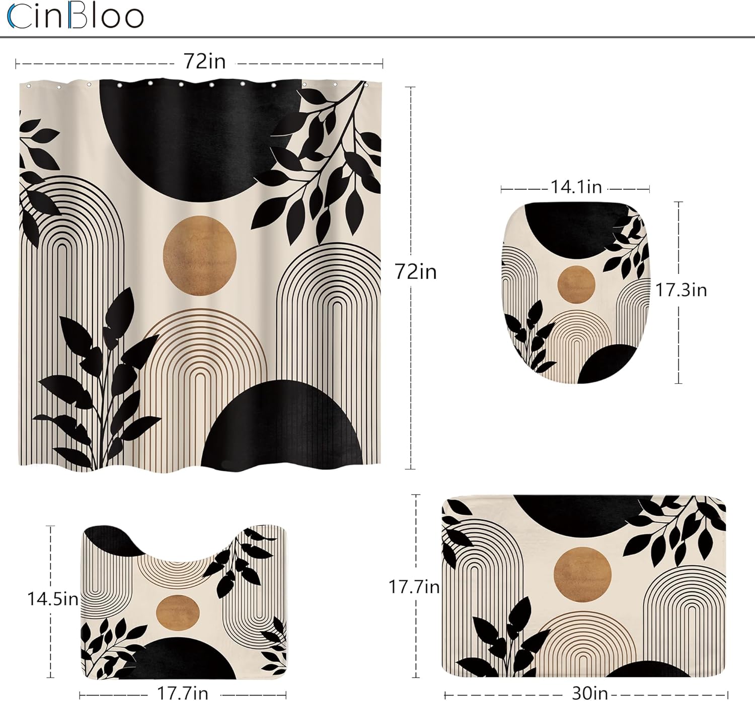 Cinbloo 4Pcs Boho Mid Century Shower Curtain Set,Abstract Modern Plant Botanical Geometric Leaf Arch Sun Bathroom Curtain with Rug, Toilet Lid Cover, Bath Mat,Minimalist Shower Curtain with 12 Hooks