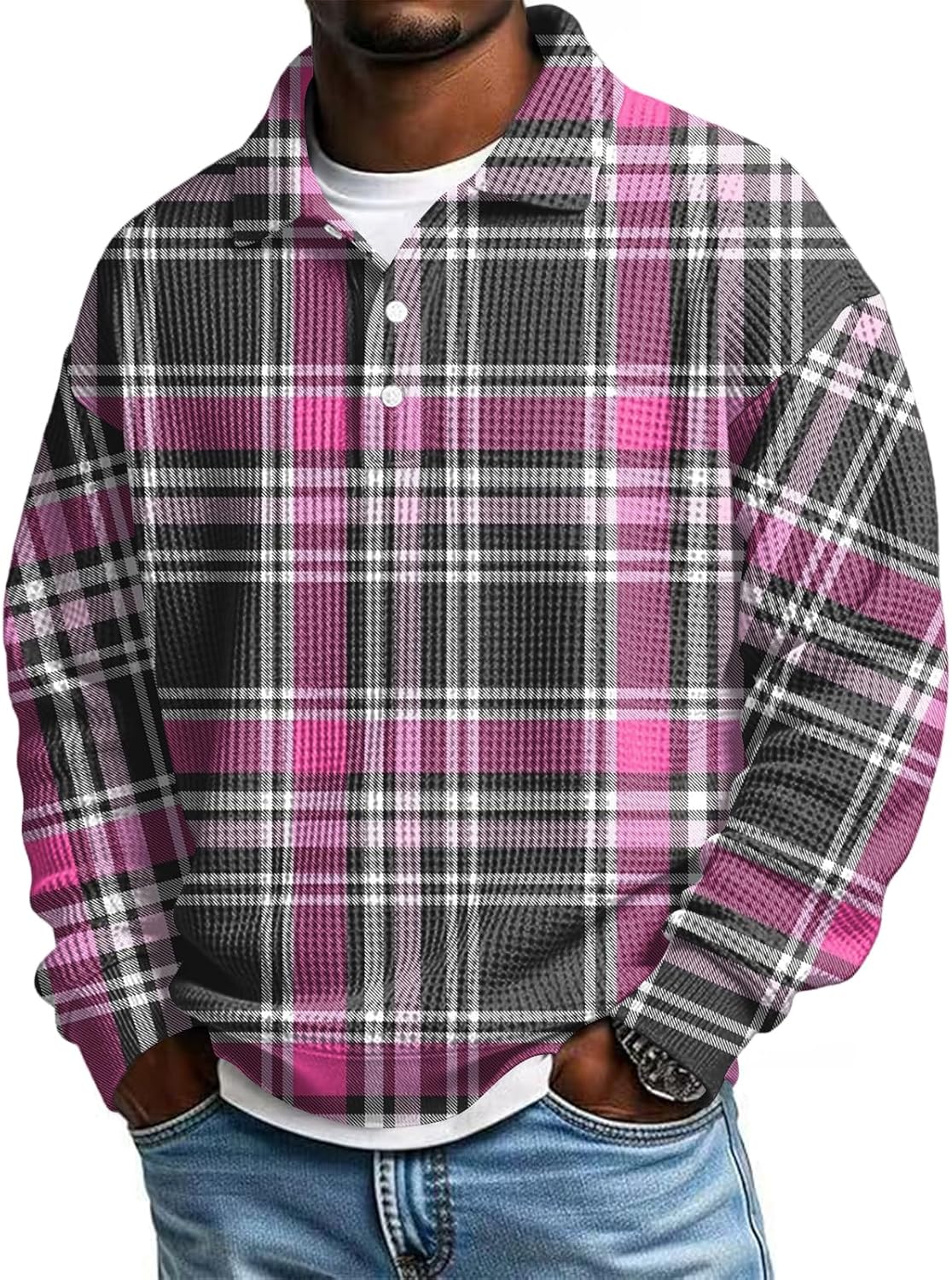 Ymosrh Men's Casual Plaid Print Polo Shirts Long Sleeve Dress Business Golf Work Collar Shirt, S-5XL