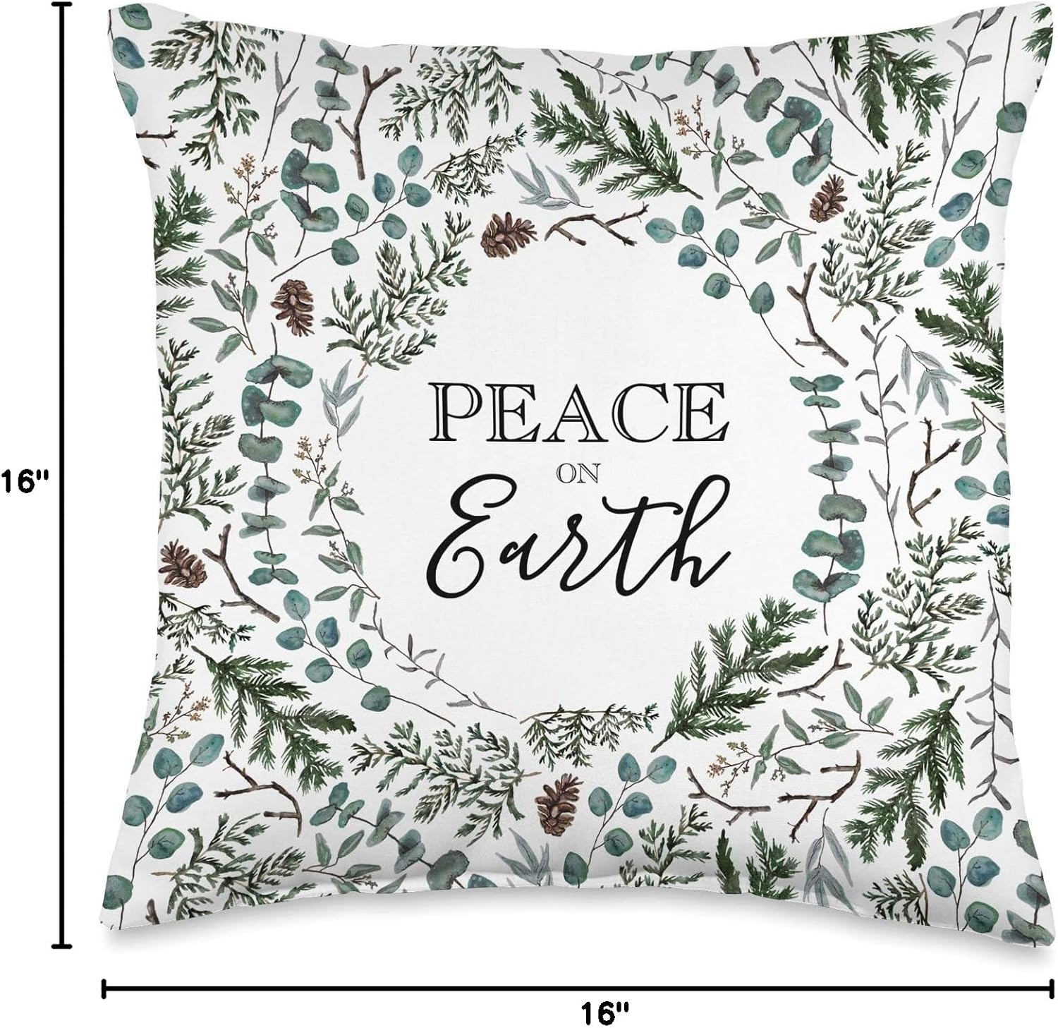 Peace on Earth Eucalyptus Pine Greenery Christmas Throw Pillow