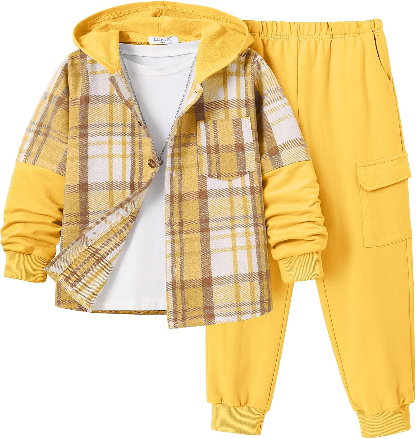 2Pcs Boys Clothes Sweatsuit Set Hoodie Flannel Plaid Shirt and Jogger Pants for Kids Fall Winter Spring Outfits