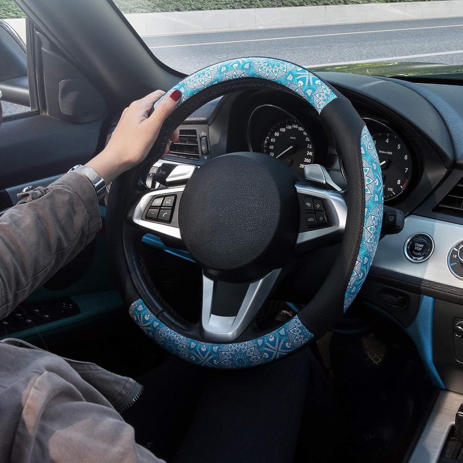 SEG Direct Auto Car Steering Wheel Cover Mandala Pattern Microfiber Leather, Small Size for 14-14 1/4 inches Outer Diameter Steering Wheel, Fits for Prius Civic Model 3 Mini, Black and Blue