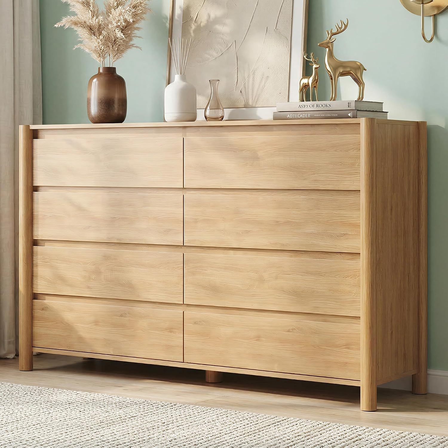CHUWELL 55.1" Wide Oak 8 Drawer Dresser for Bedroom with Solid Wood Legs