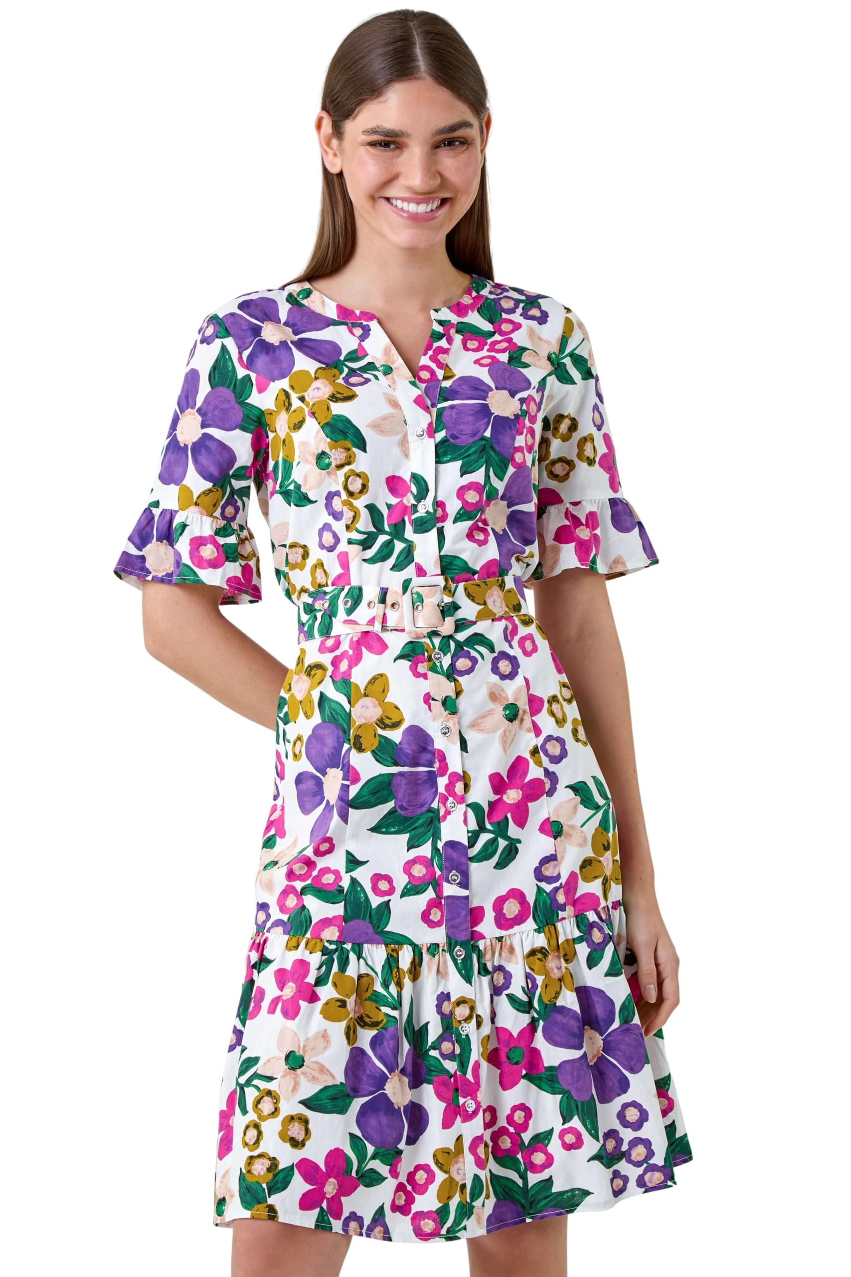 Roman Originals Women's Multi Floral Print Frill Hem Shirt Dress For Uk - Everyday Holiday Spring Summer Notch Neckline Comfy Soft Evening Vacation Work Party - Size 20