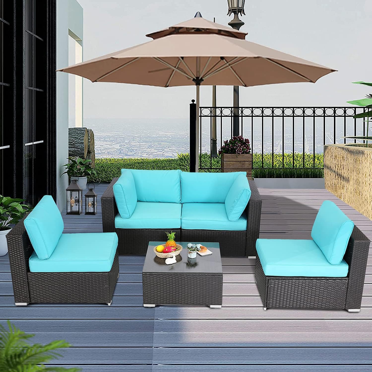 Furnivilla 5 Pieces Outdoor Conversation Set Sectional Patio Furniture with PE Wicker Rattan Patio Set with Glass Coffee Side Table All Weather for Backyard Porch Garden Poolside Balcony (Turquoise) : Patio, Lawn & Garden