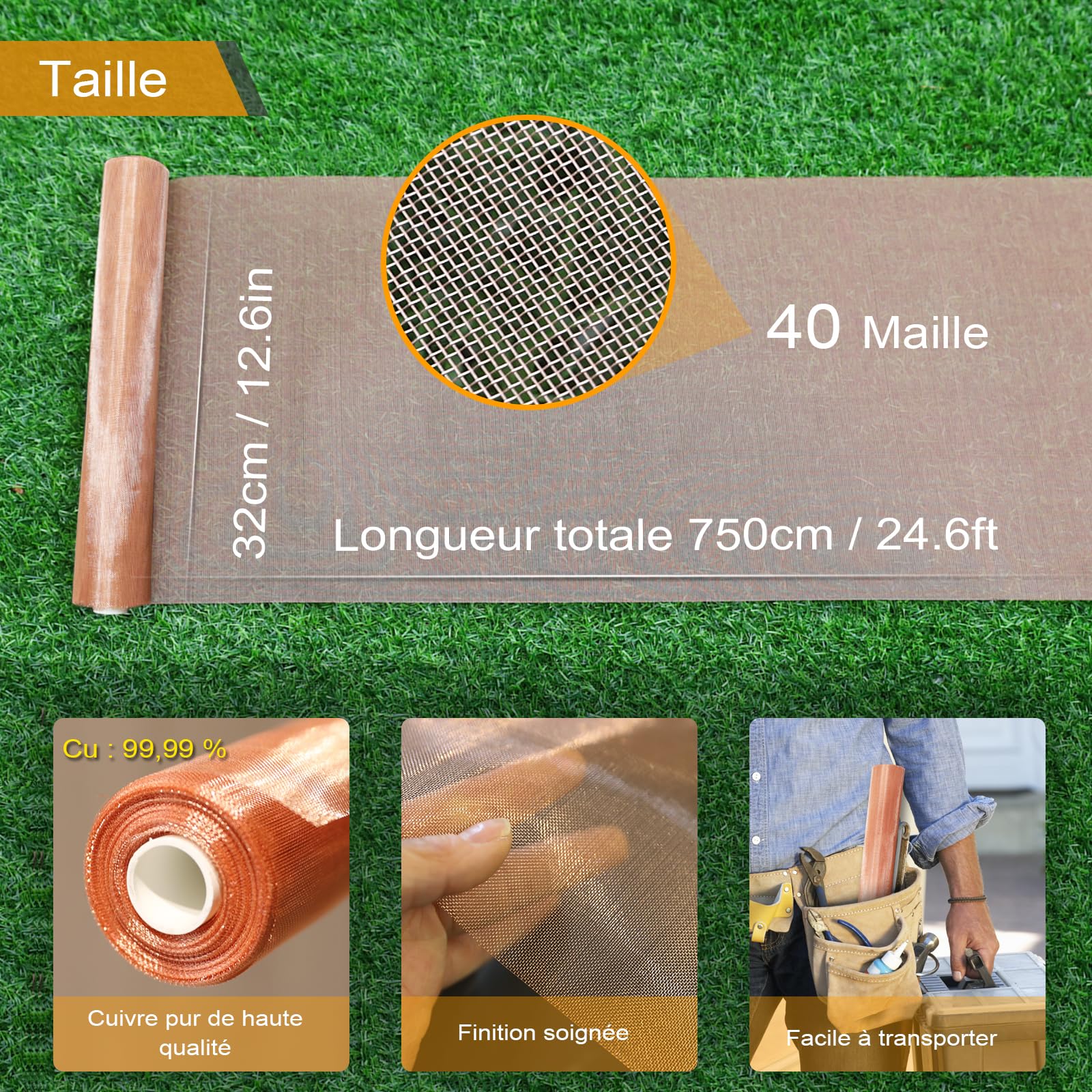 Maille De Cuivre 32 cm × 7,5 m, 99,9% Cuivre Pur, Maille 40 | Maille Fine Tissée, Grillage Métallique Flexible, Loisirs Créatifs DIY, Lutte Antiparasitaire, Usages Industriels