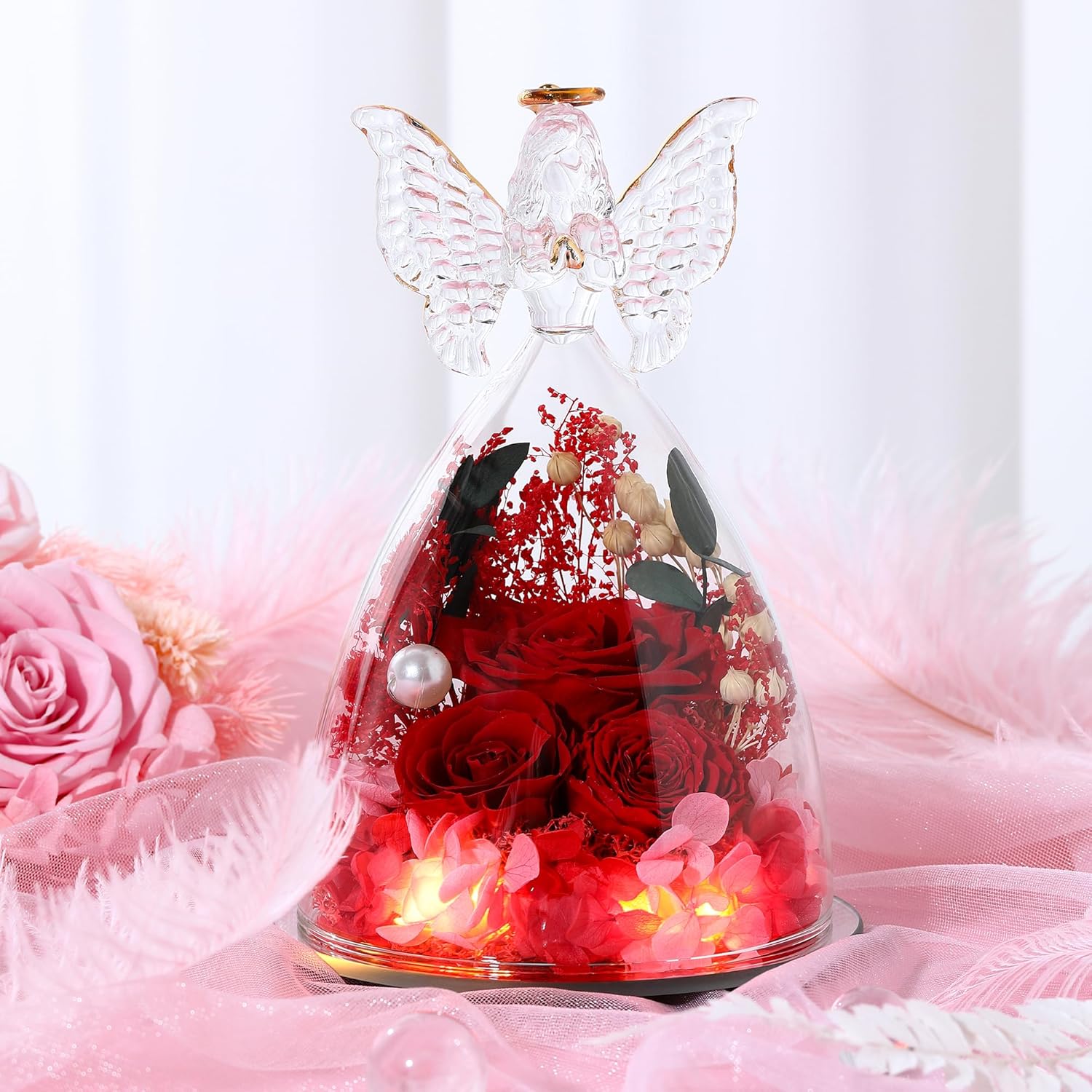 Valentines Rose Gifts for Women Preserved Real Flower in Glass Angel Figurines Roses for Delivery Prime Birthday Gifts for Mom Grandma Girlfriend Wife Her, Red Austin Roses - Image 4