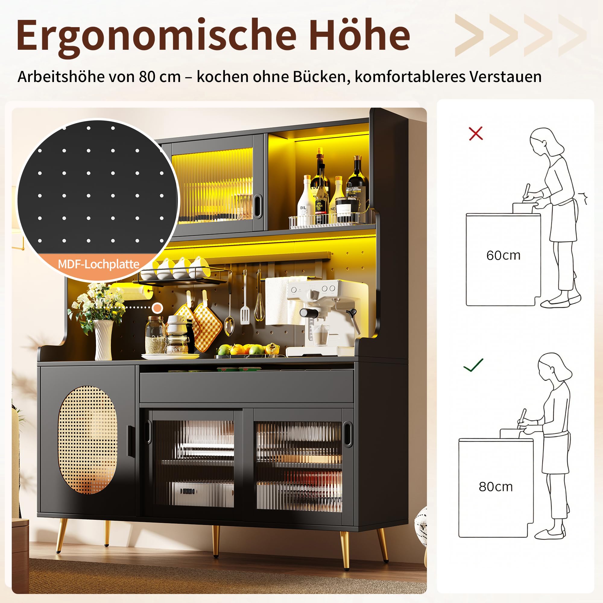 Kebnor Armadio laterale/armadietto da cucina/buffet, 145 x 39 x 171 cm, stile rustico, 5 ante, con striscia luminosa a LED e piastra di blocco in vetro, porte (nero)
