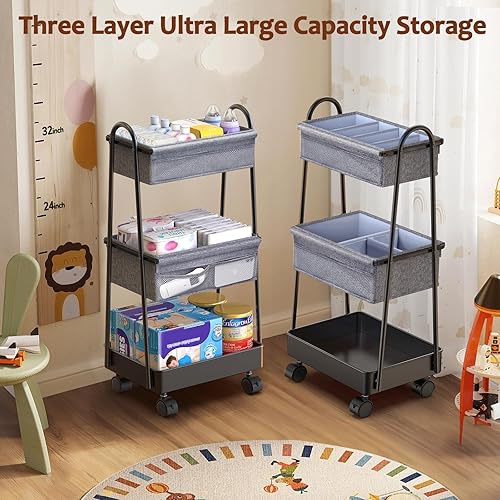 Miniatura 6 de Carrito rodante de 3 niveles Organizador de pañales para bebé, carrito utilitario de 3 niveles, artículos esenciales para el cuarto del bebé, gran