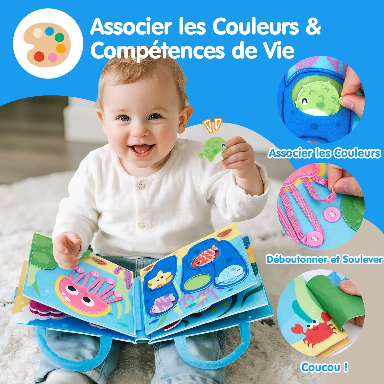 hahaland Jouet Bebe 1 an Busy Board Montessori - 15 en 1 Tableau d'Éveil Animaux Marins - Jeux Motricité Fine Enfant 12 Mois - Livre Feutre Portable Voyage - Cadeau Éducatif Bébé 1 2 3 Ans