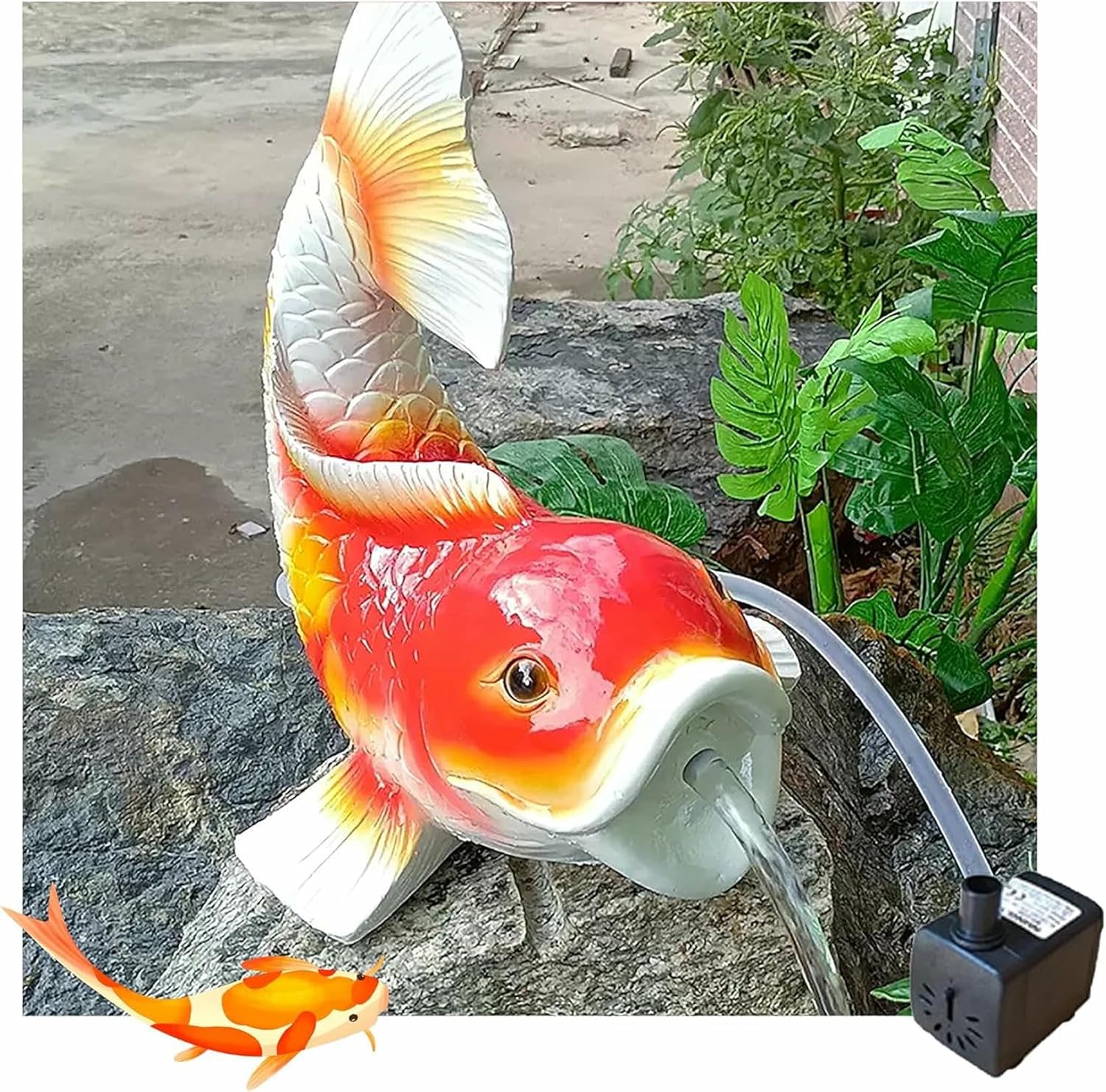 Garden Decor Koi Pond Spitter, Koi Fish Pond spitters for Small Ponds, with Hose, Painted Koi Figurine, for Water Gardens and Koi Ponds