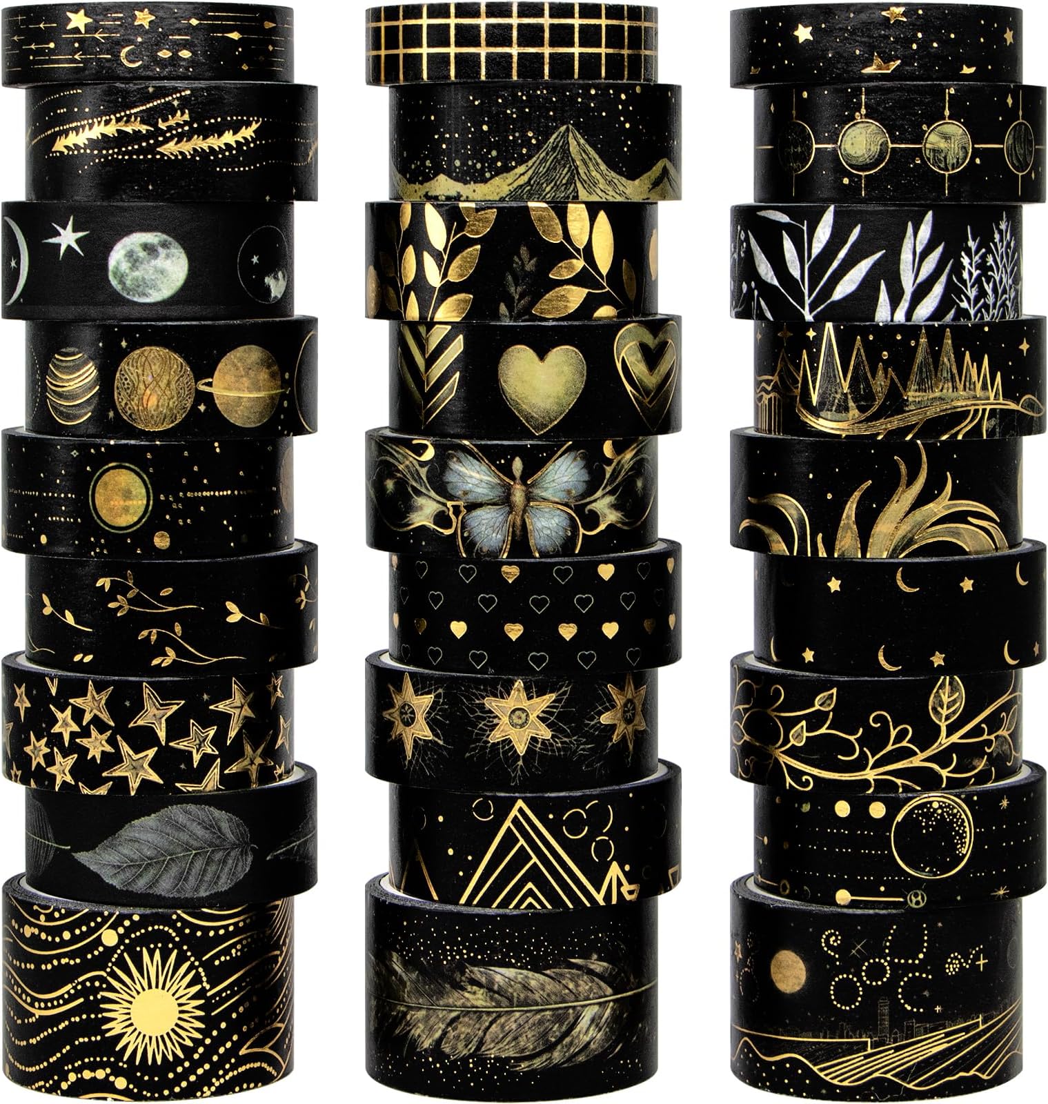 NANYNNU Black Washi Tape Set, 27 Rolls Black Gold Foil Decorative Masking Tape for Bullet Journaling, Scrapbooking Supplies, Watercolor Painting