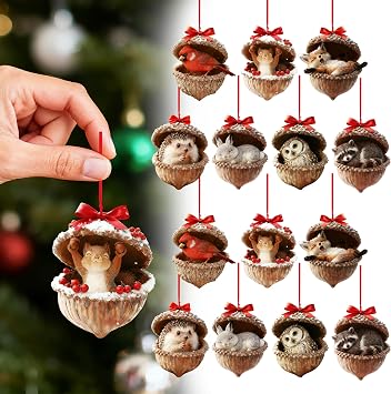 Forest Animal Acorn Christmas Ornaments,2025 New Cozy Woodland Pine Cones Ornaments, for Christmas Tree,2D Acrylic Animal Decorations for Home Decor 14 PCS