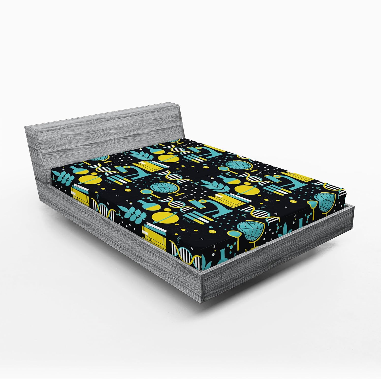 Ambesonne Astronomy 2 Pack Fitted Sheet, Science Pattern Print, Bed Cover All-Round Elastic Deep Pockets 2 Pieces, Package Contains 2 Queen Size Fitted Sheets, Turquoise Yellow and Black