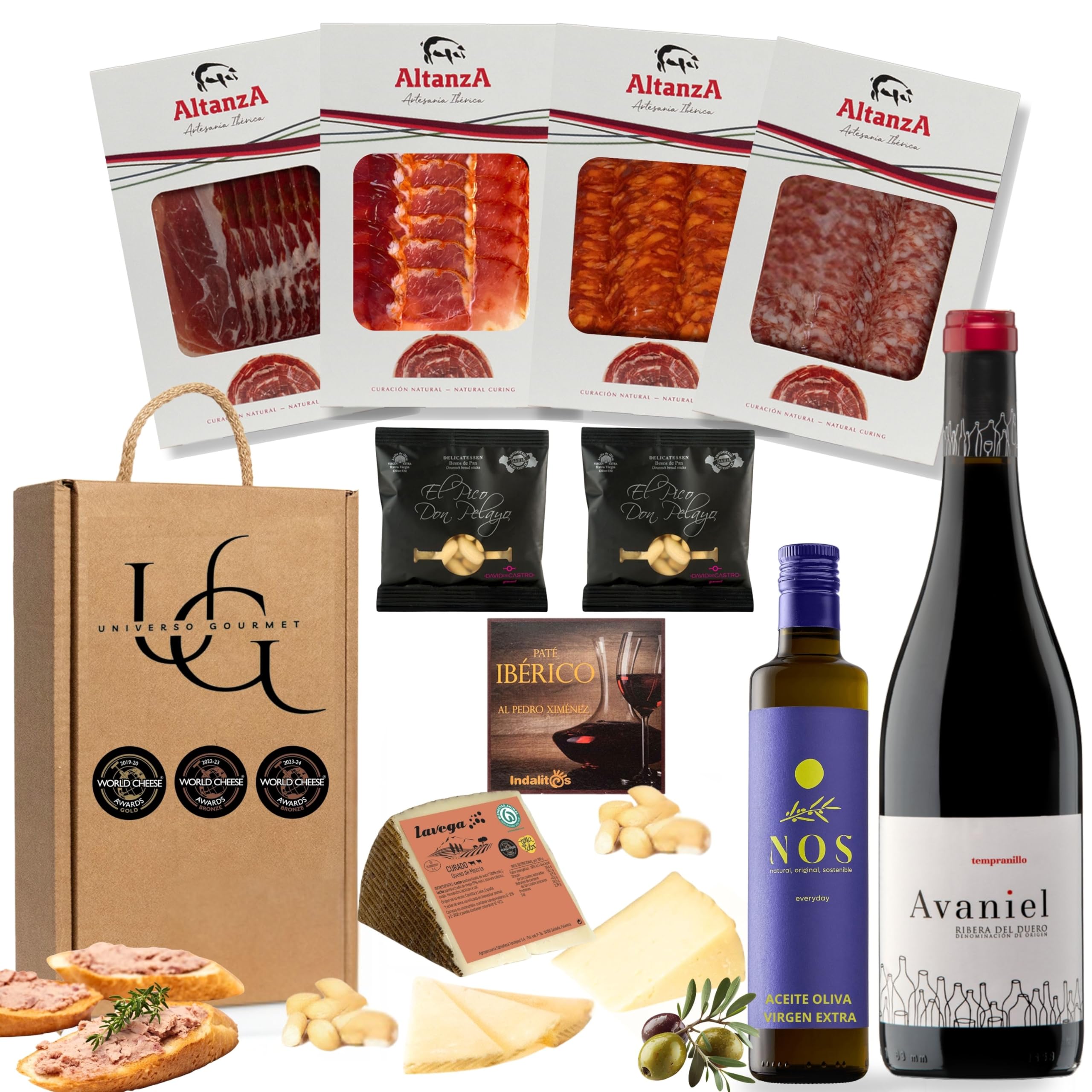 UNIVERSO GOURMET | Cesta Gourmet para Regalar | Vino DO.Ribera | Aceite Oliva Virgen Extra | Embutidos Ibericos Bellota | Paleta Ibérica y Queso Curado | Pate Pedro Ximenez y Picos Pan Artesanos — view 10
