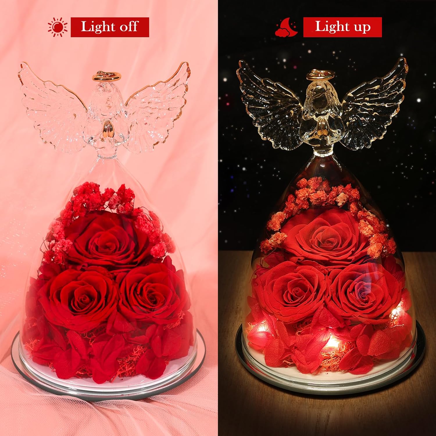 FIACO Valentines Day Gifts for Her Women, Preserved Flowers Forever Eternal Fresh Rose in Glass Angel Figurines Flowers for Delivery Red Roses for Grandma Mom Sister Wife Girlfriend Mother Birthday - Image 3