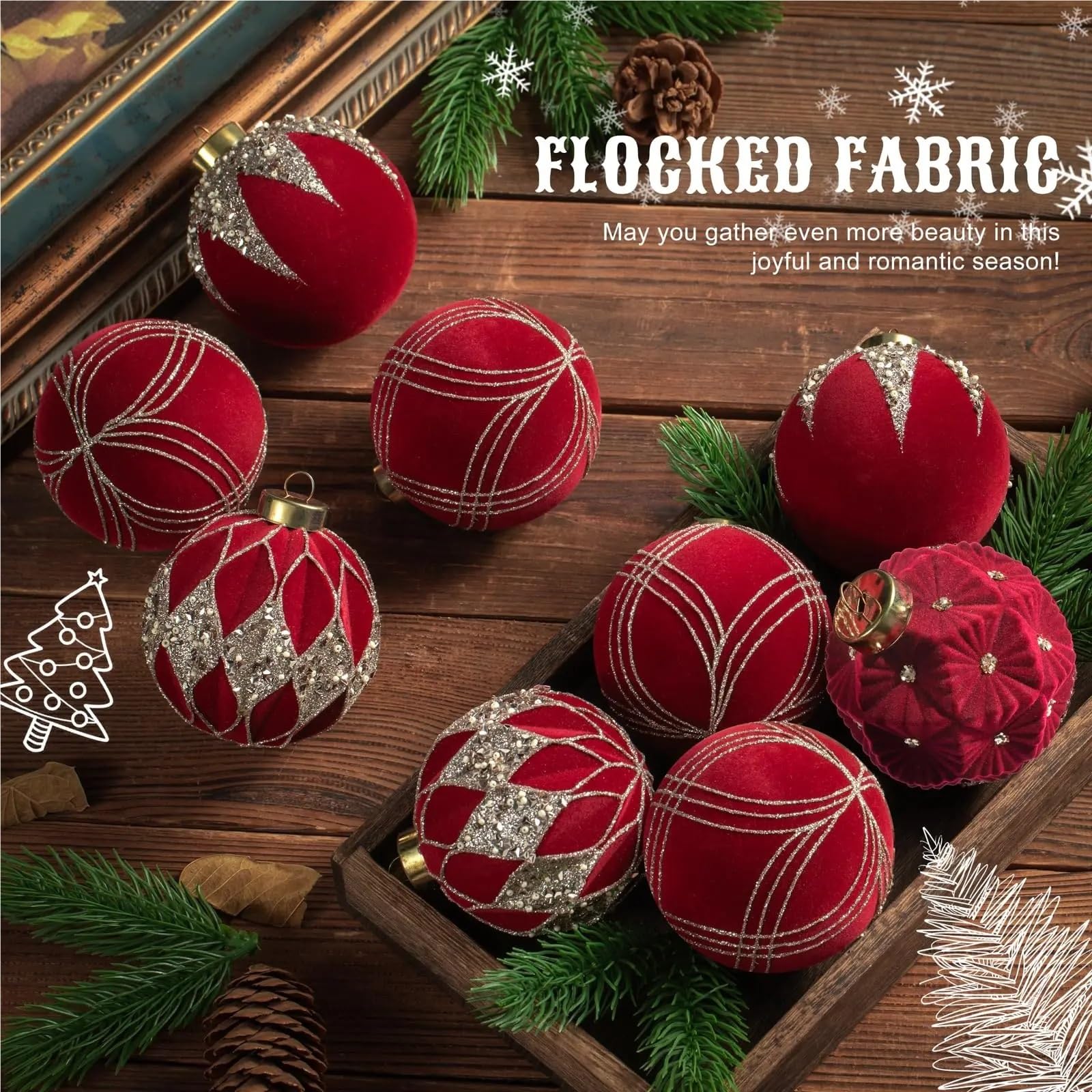 Boule de Noel Decoration Lot de 12 Boules de Noël en Velours floquées Vertes incassables, décoration d'arbre de 80 mm, Boule Suspendue for fête et Mariage(Style-5)
