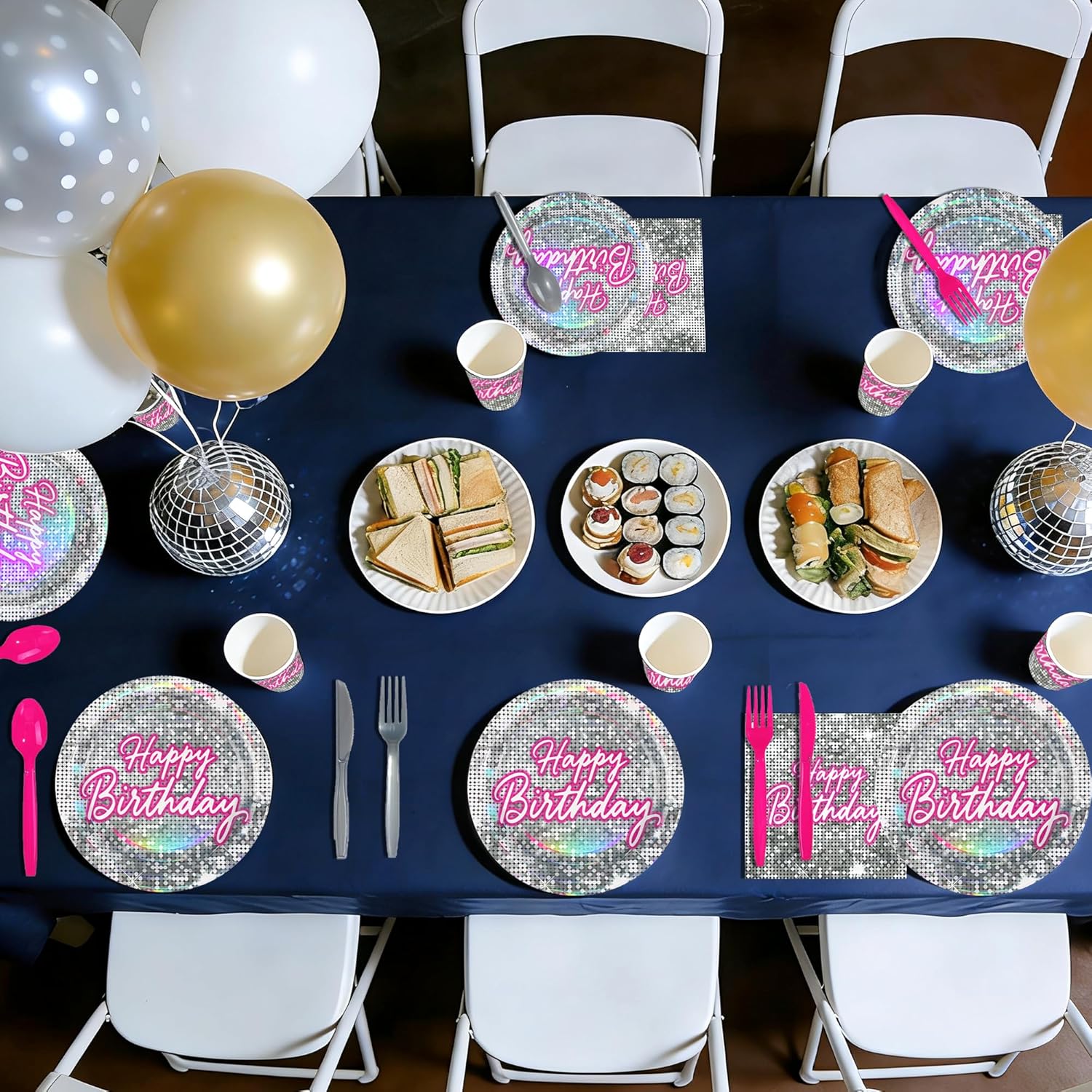 168Pcs Disco Birthday Party Decorations Hot Pink Silver Glitter Sequins Plates and Napkins Cups Forks Tableware Sets for Women Girls 70s 80s Theme Disco Neon Pastel Rainbow Party Supplies Serves 24