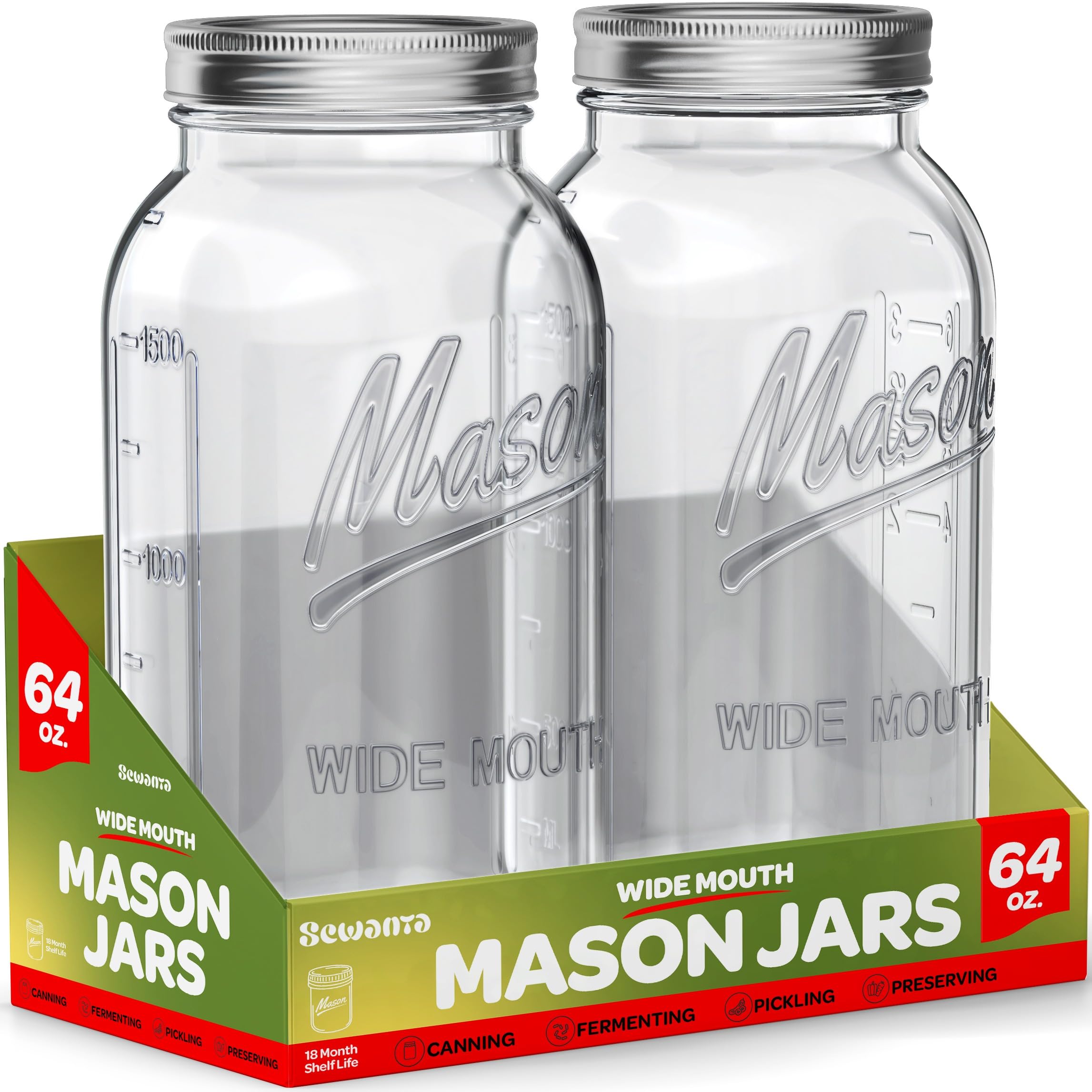 SEWANTA Wide Mouth Mason Jars 64 oz [Set of 2] Half Gallon Mason Jars with Airtight lids and Bands - For Fermenting Canning, Pickling - Microwave & Dishwasher Safe - Bundled Jar Opener