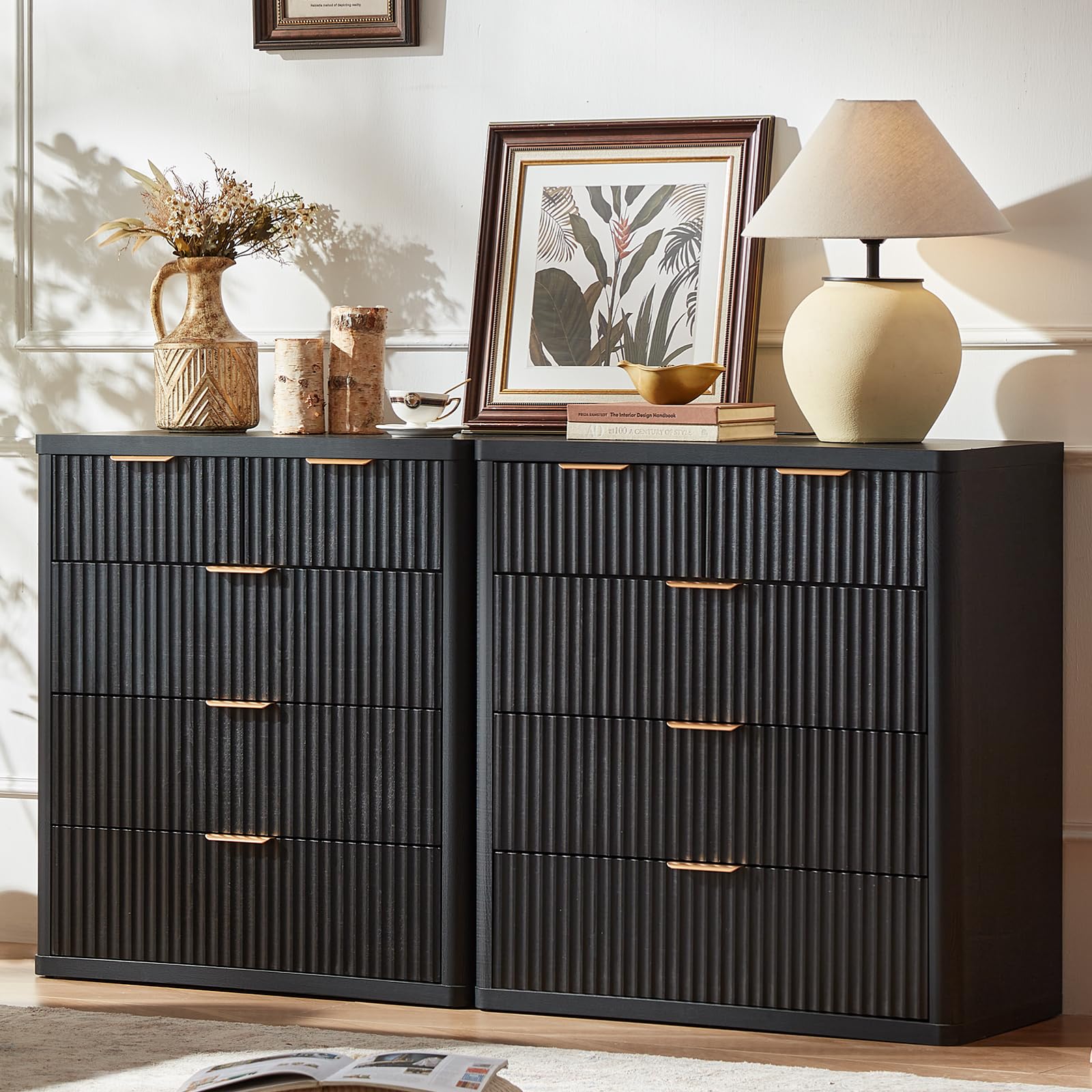 LEYAOYAO Fluted 5 Drawers Dresser for Bedroom Set of 2, 34" Tall Modern Chest of Drawers with Metal Handle, Curved Profile Design,Black Wood Drawer Organizer for Bedroom, Living Room, Hallway