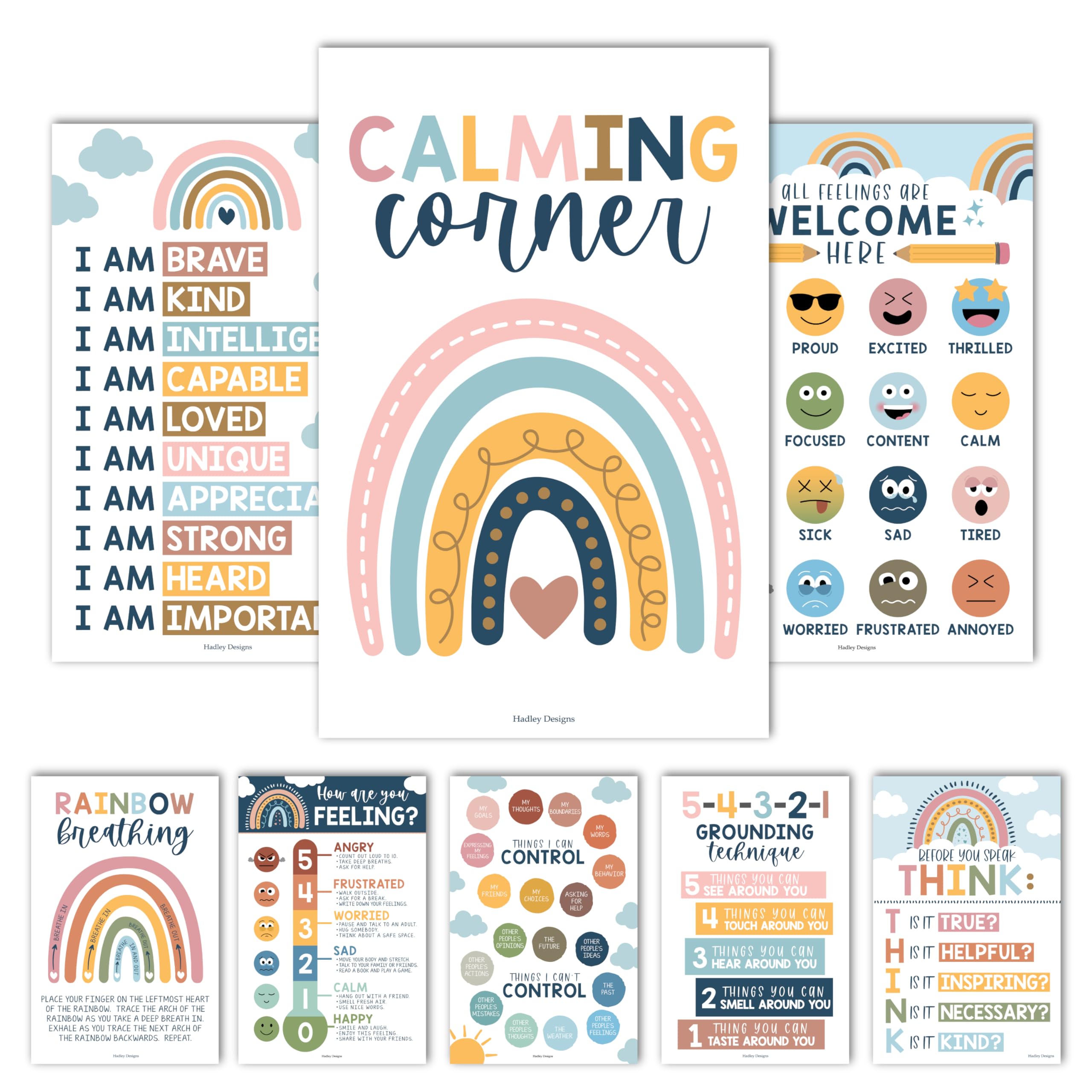 Hadley Designs 8 Calming Corner Posters For Classroom Must Haves For Teachers - 11x17 Calm Down Corner Supplies, Feelings Chart For Kids Ages 4-8, Toddler Emotions Chart, Boho Classroom Decor