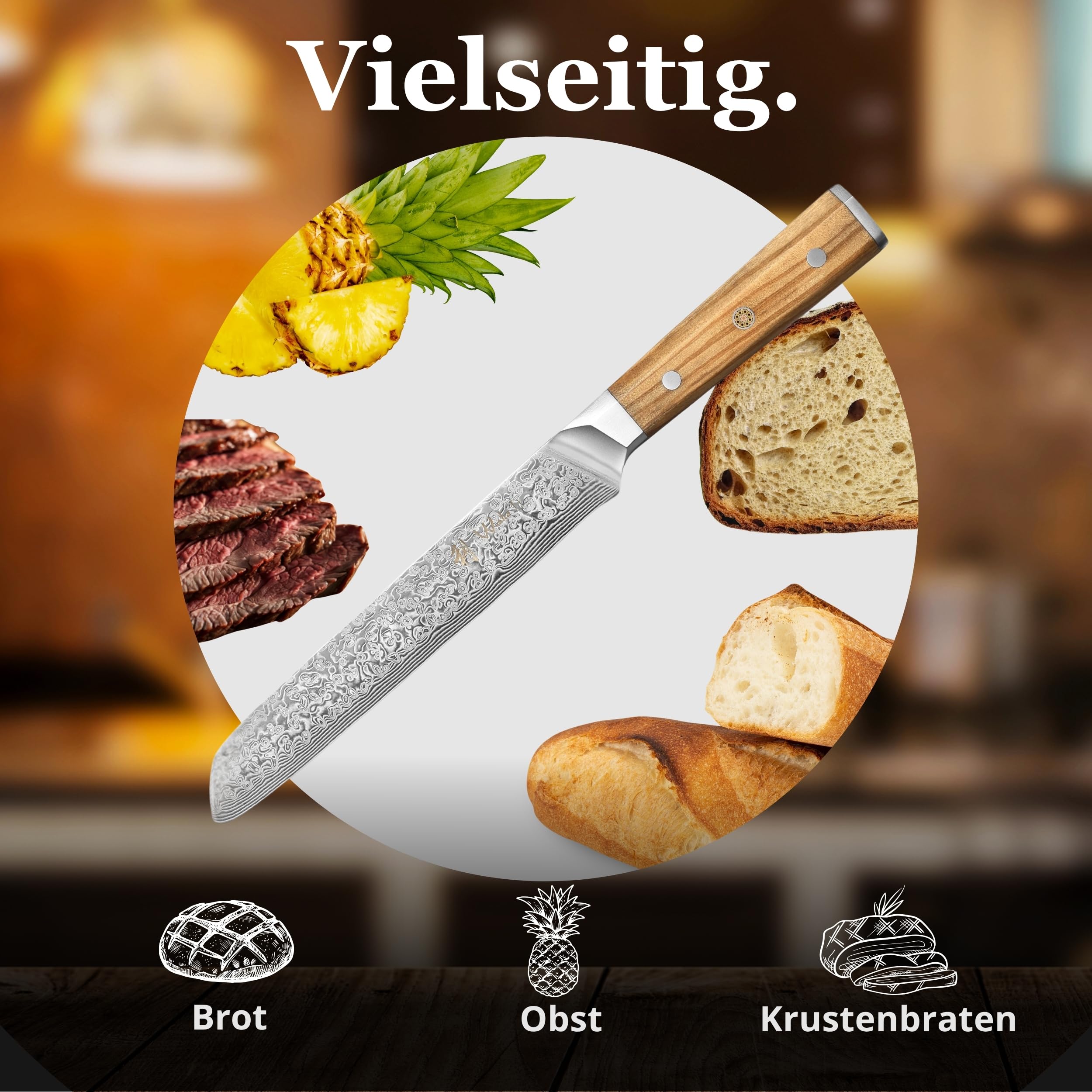 Wakoli Oribu Brotmesser mit 20 cm Klinge, VG10 Kern, 67 Lagen Damaststahl | Brotmesser: einseitiger 15° Wellenschliff, Full Tang, Olivenholzgriff, für Brot, Brötchen und Baguette, Geschenkbox