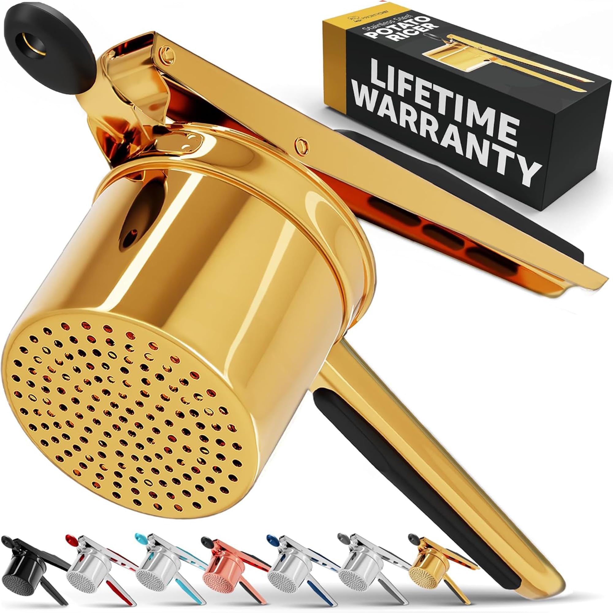 PriorityChef Large 15oz Potato Ricer, Heavy Duty Stainless Steel Potato Masher and Ricer Kitchen Tool, Press and Mash Kitchen Gadget For Perfect Mashed Potatoes - Everytime, Gold and Black