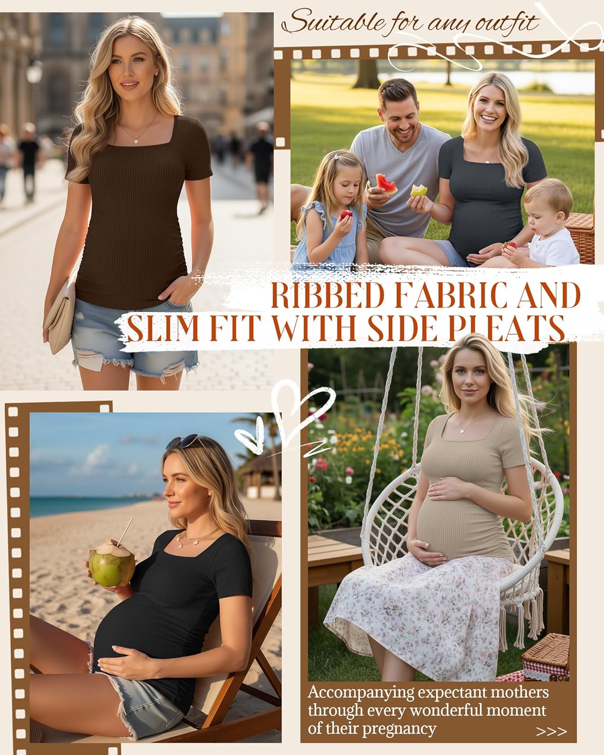 Huukeay 4 Pack Women's Maternity Shirts Cotton Ribbed Short Sleeve Square Neck Pregnancy Tops Side Ruched Summer Tee - Image 3